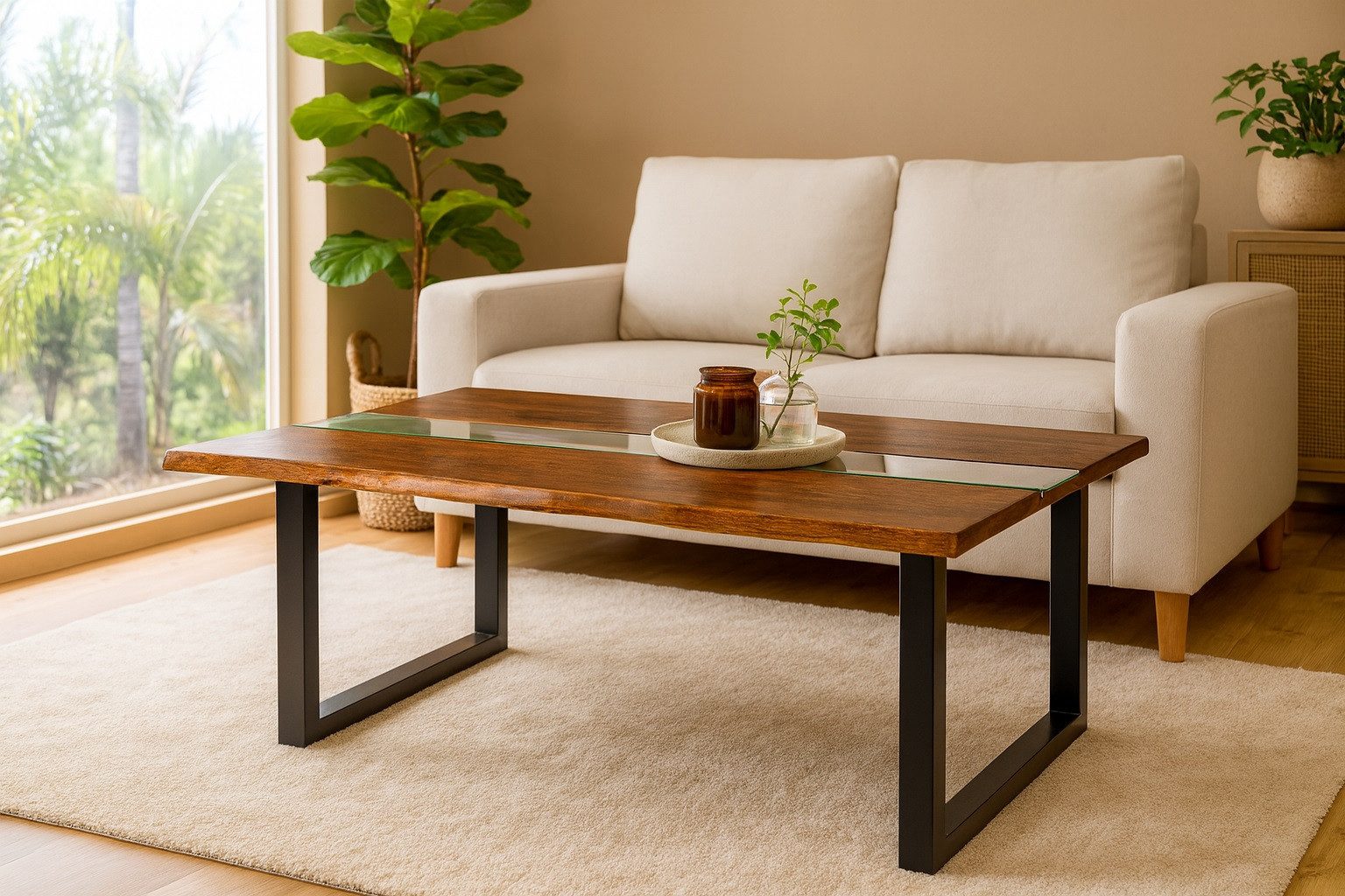SAM® Couchtisch Franziska, massives Akazienholz mit Glaseinsatz, Baumkante, U-Gestell Metall