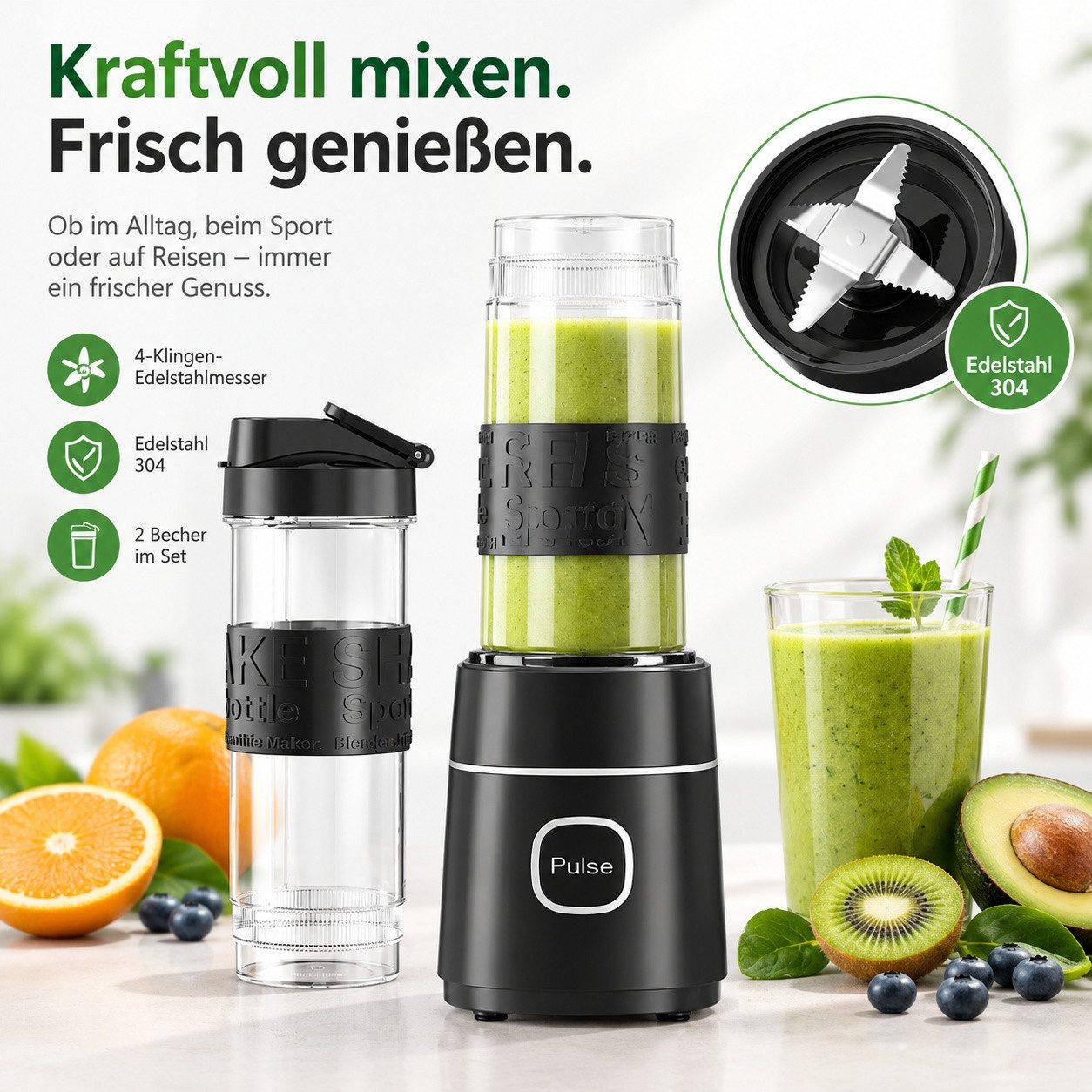 Fofile Standmixer Smoothie Maker 500W Mini Mixer mit 2x570ml Tritan BPA Freier Flasche, 500 W, Tragbarer Edelstahl Blender, 4 Blatt, leicht zu reinigen, 22.000  – Bild 2 von 5