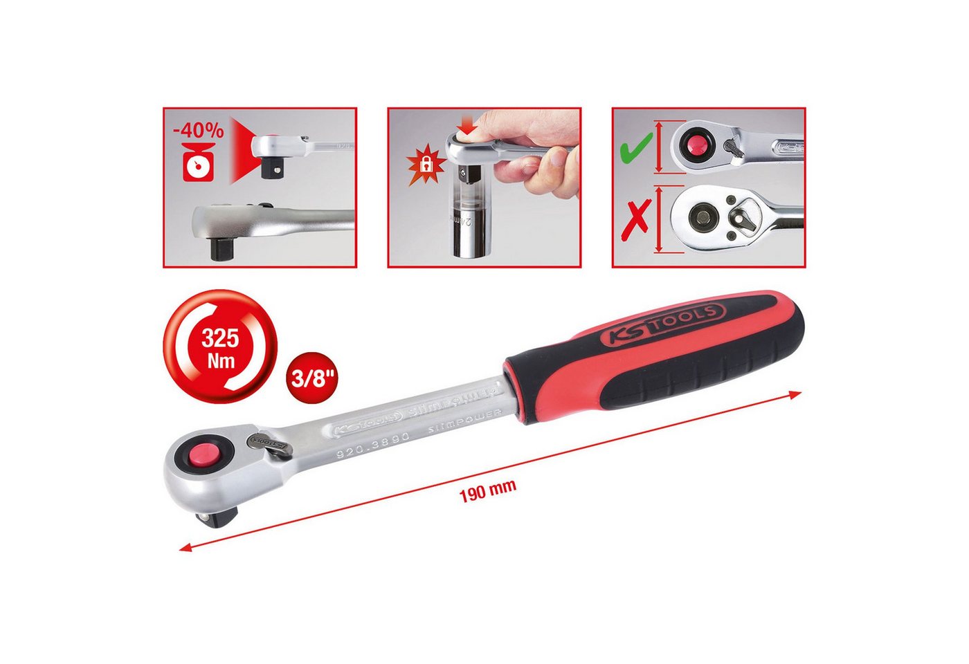 Thumbnail - KS Tools Ratsche KS TOOLS 3/8" SlimPOWER Umschaltknarre 72 Zahn - 920.3890