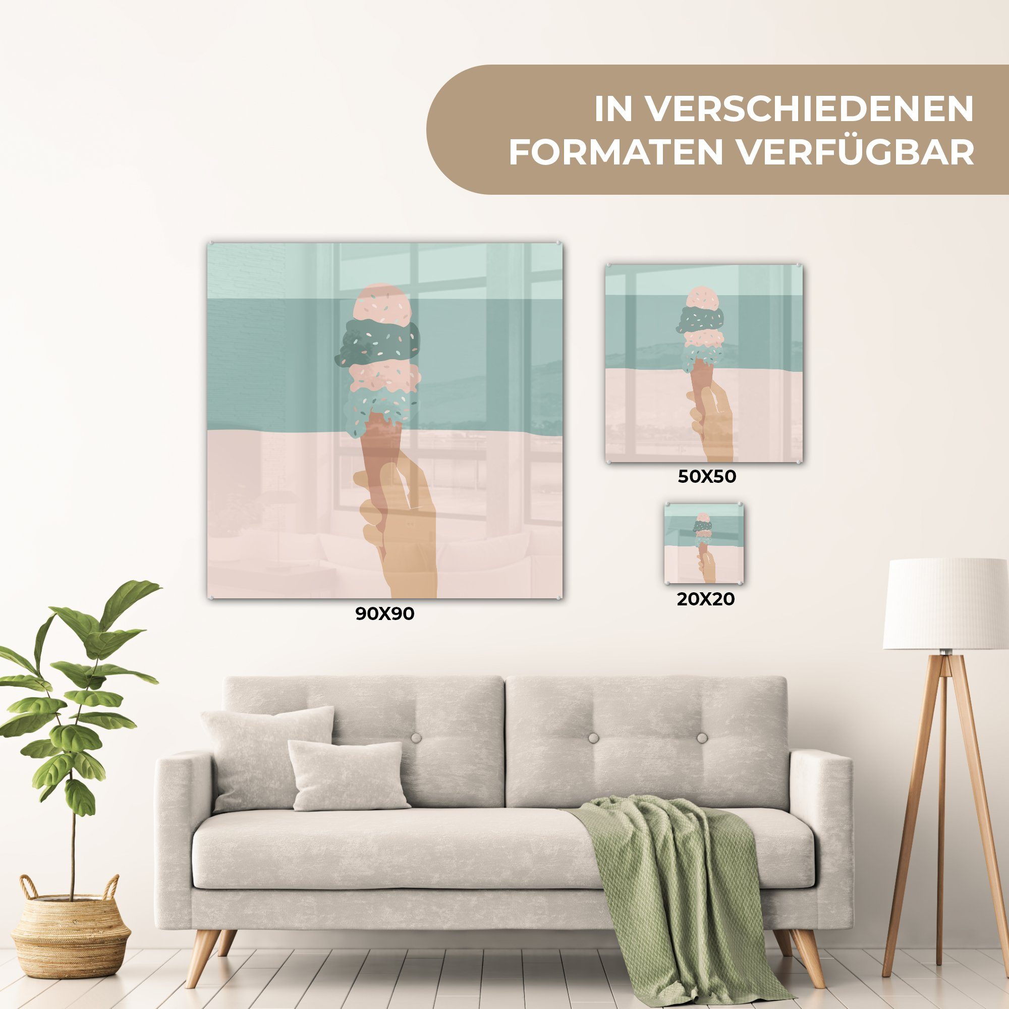 - - Glas Eiscreme Glas Glasbilder - Foto Wandbild auf - St), (1 Wanddekoration Sommer Blau, - auf Bilder MuchoWow Acrylglasbild