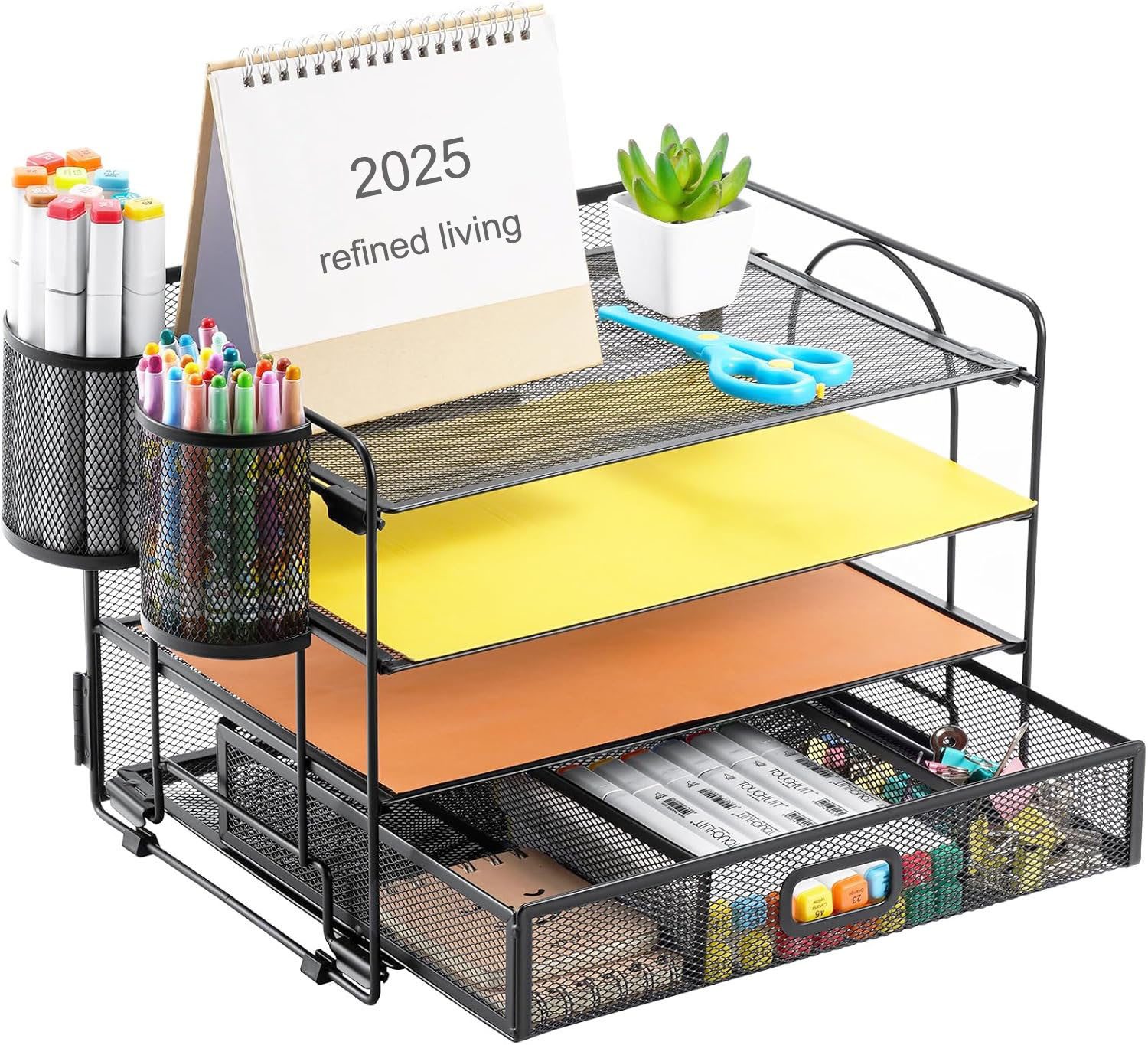 Refined Living Organizer Schreibtisch-Organizer, mit Schublade und 2 Stifthalter, 4-stöckig (Büro Organizer, Schreibtisch Aufbewahrung, Bürobedarf, Schreibtisch Ablage, Stifthalter Organizer, Multifunktionale Büroorganisation, Netz Schreibtisch-Organizer für Zuhause, 1 St., Viel Stauraum, Platzsparend und Funktional, Hohe Qualität), für Büro, Zuhause oder Schule – für Lehrer, Schüler und Berufstätige