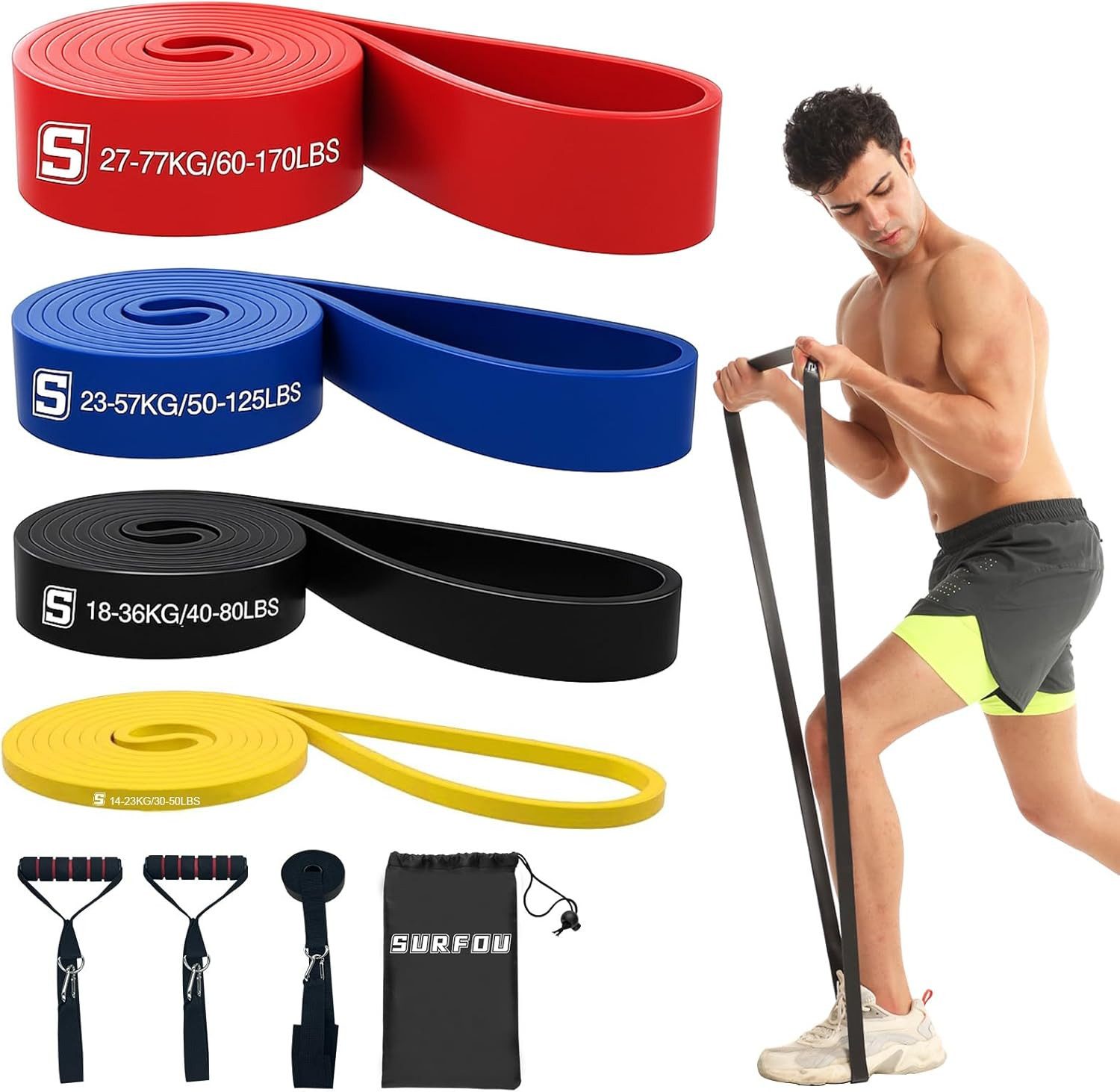 SURFOU Trainingsbänder FitnessBands Set 4 Widerstandsstufen, Türanker, 2 Griffe & Tragetasche