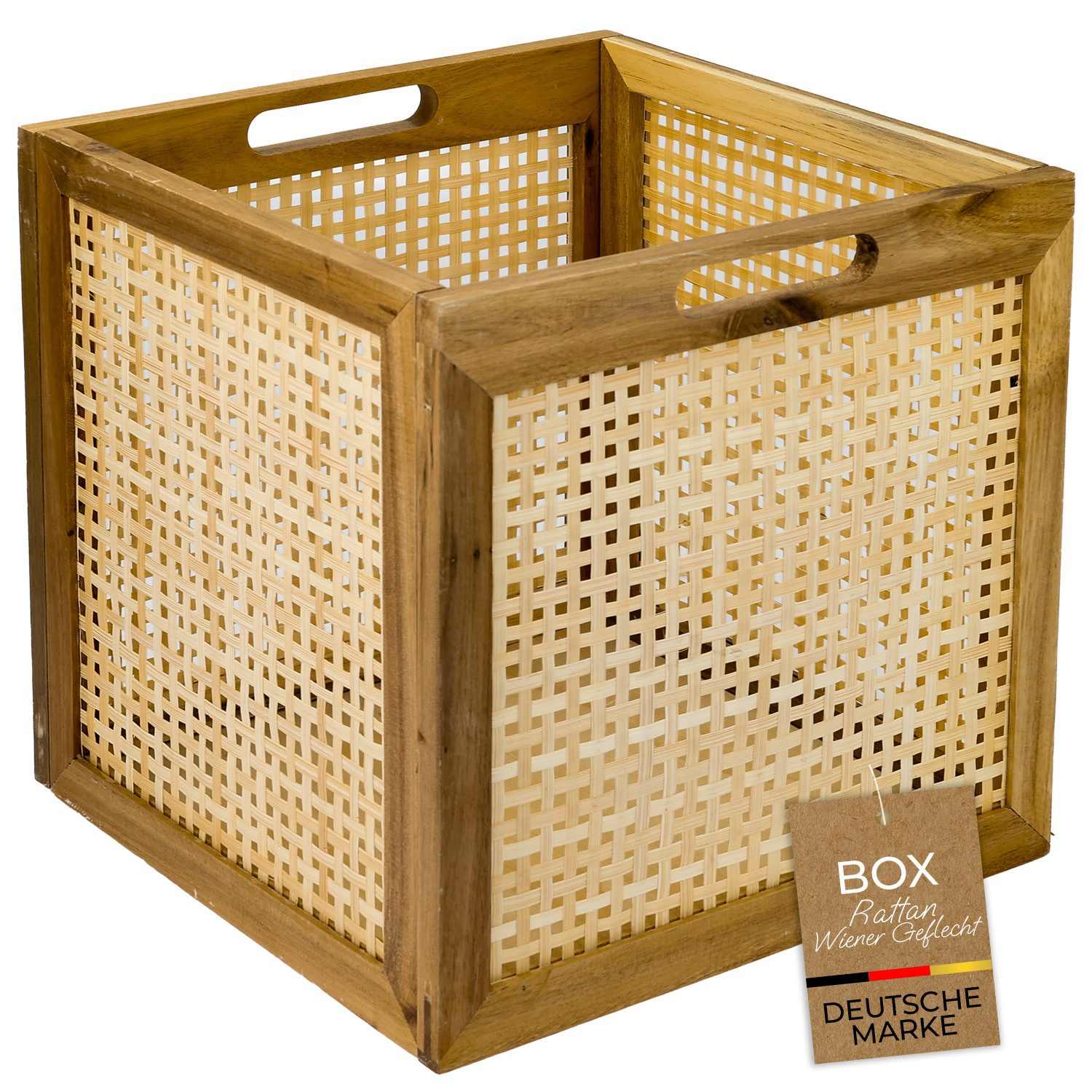 HMF Regalkorb Aufbewahrungskorb passend für KALLAX Regal, Korb aus Rattan, mit Wiener Geflecht und Akazienholzrahmen, Muster 3, 32 x 34 x 32 cm