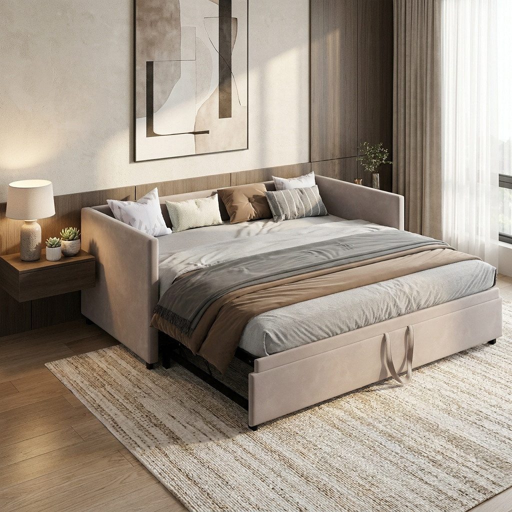 PXloue Polsterbett Daybett Tagesbett Ausziehbett (Ohne Matratze), Schlafsofa,mit Unterbett 90x200cm/180x200cm und Lattenrost,Samt