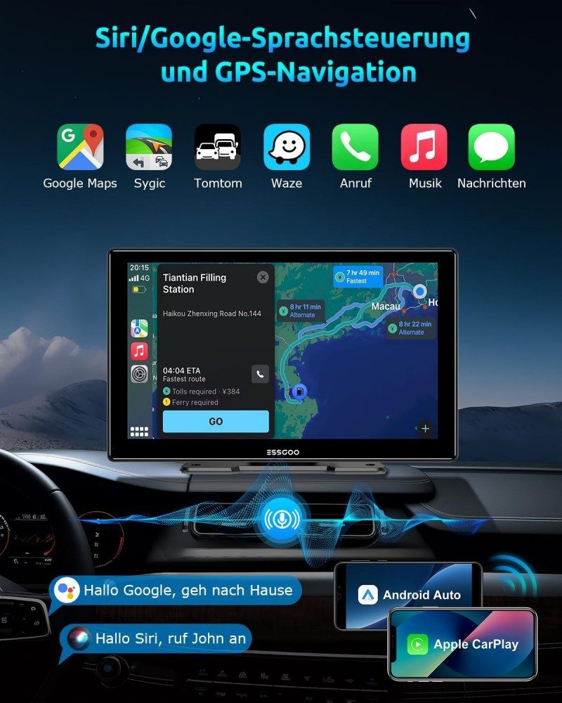 ESSGOO CarPlay Android Auto Autoradio IPS Touchscreen Tragbares Drahtloses Navigationsgerät (Touchscreen GPS Navi Tragbar Autoradio Bluetooth Rückfahrkamera)