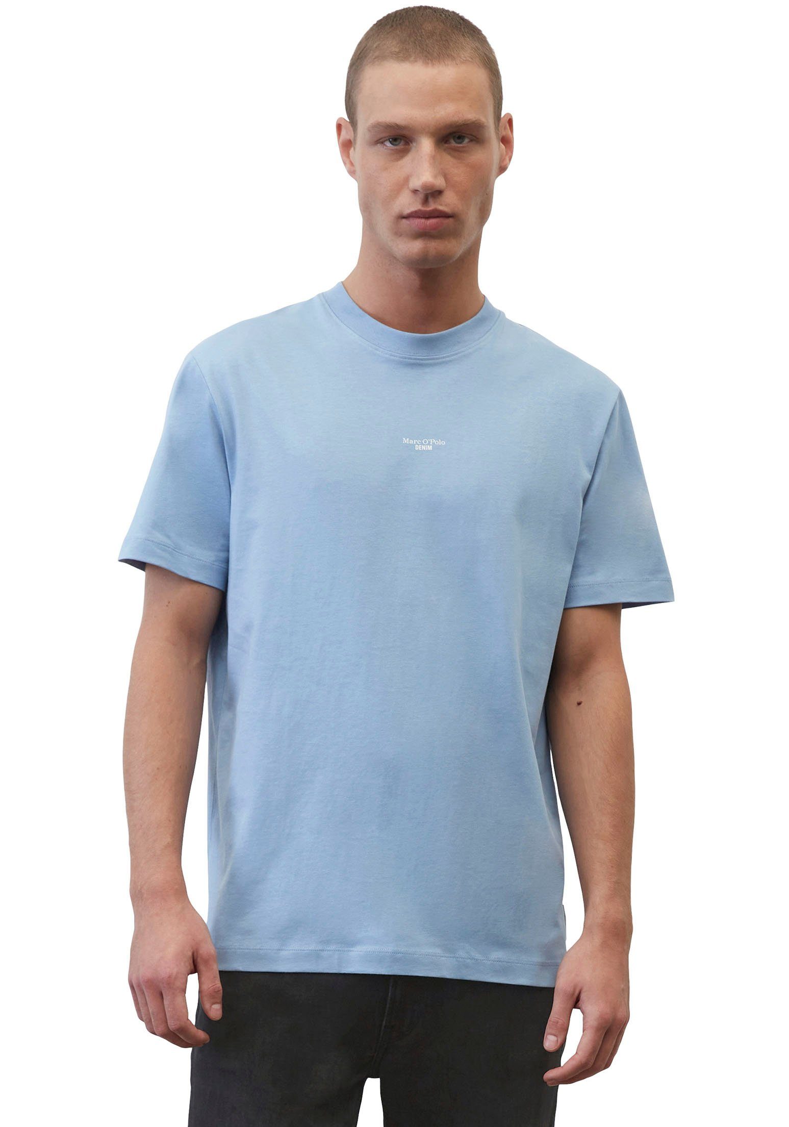 Marc O'Polo DENIM T-Shirt mit Labeling vorne mittig mittelblau