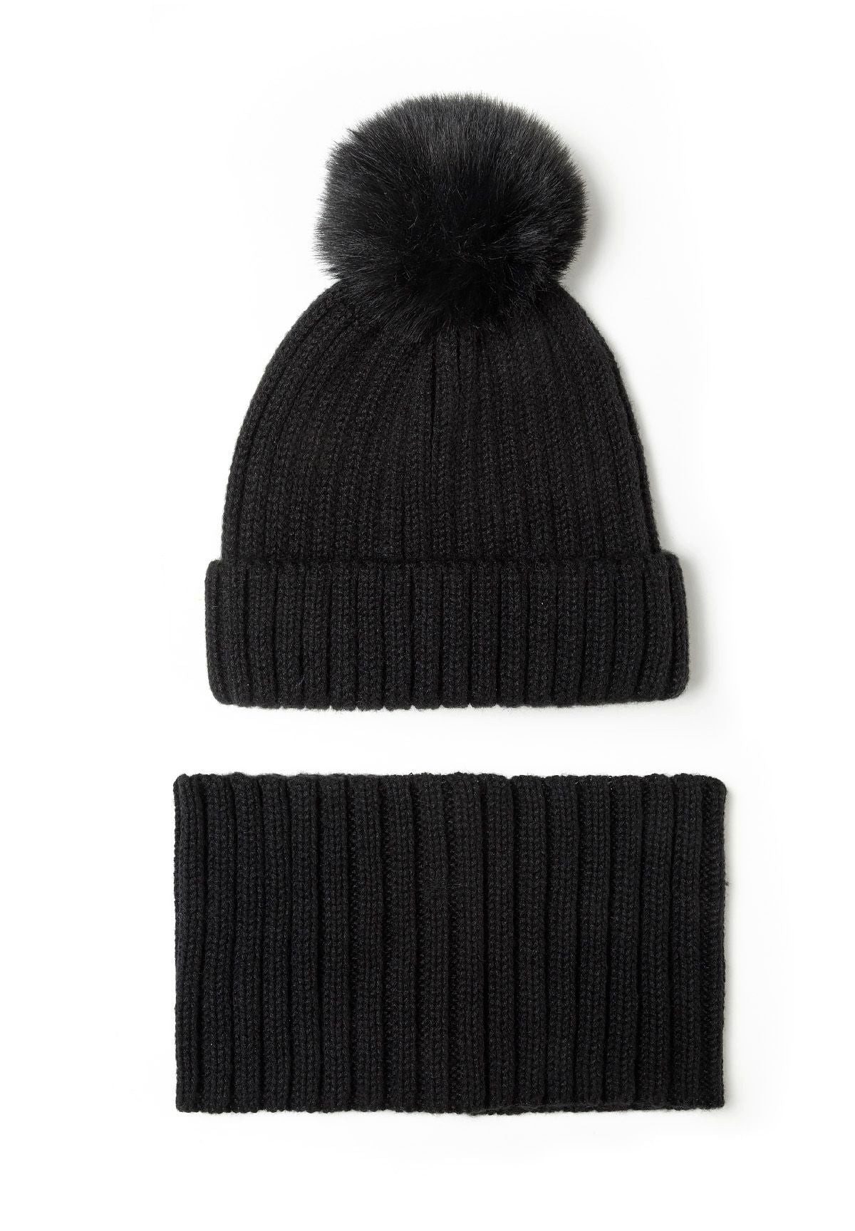 MINOTI Mütze & Schal für Damen im Rippstrick (Set, 2-tlg., mit Loop-Schal) Bommel