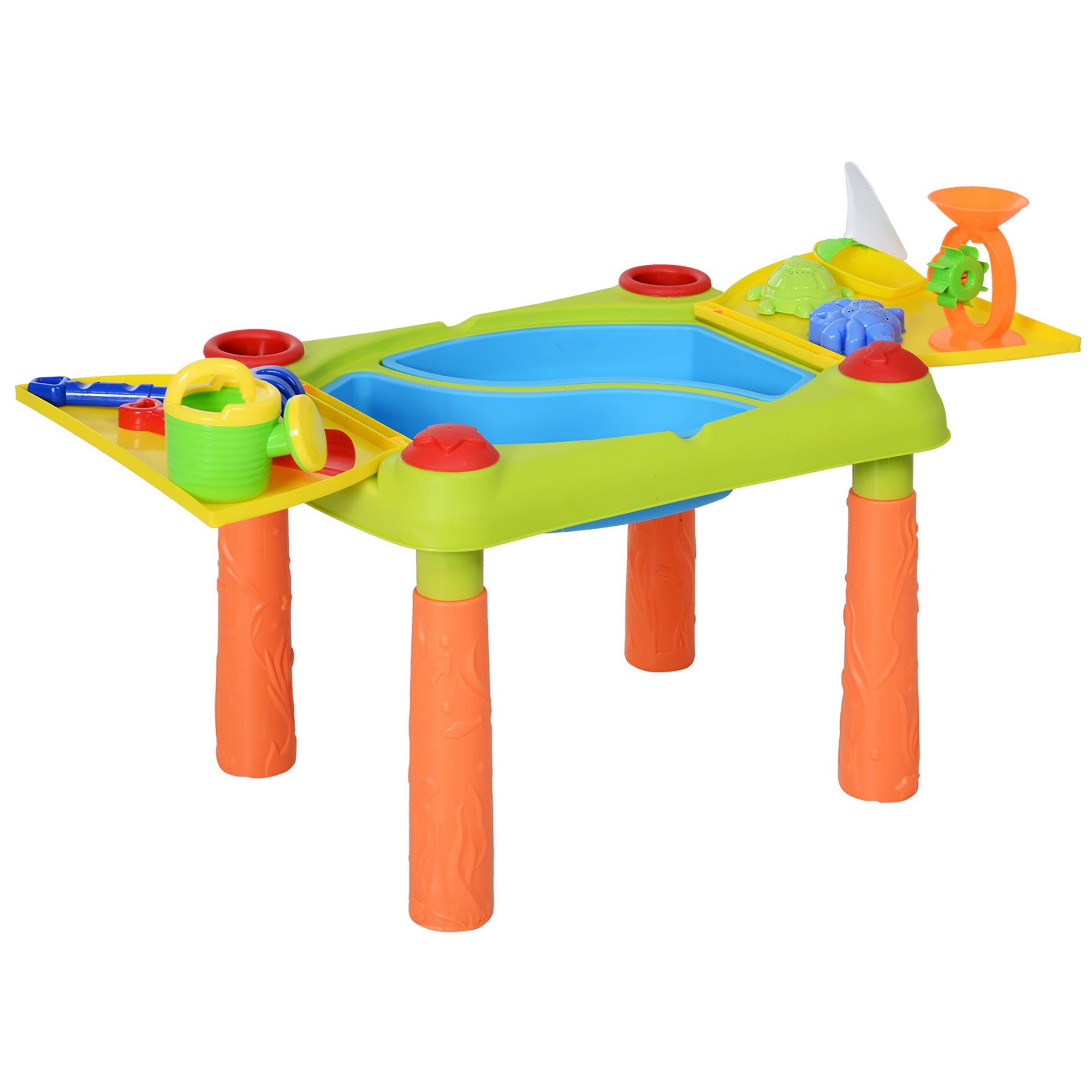 HOMCOM Sandkasten mit 16-tlg. Zubehör Spieltisch, (Sandkastentisch, 1-tlg., Strandspielzeug), für Garten, Balkon, Grün+Gelb+Orange
