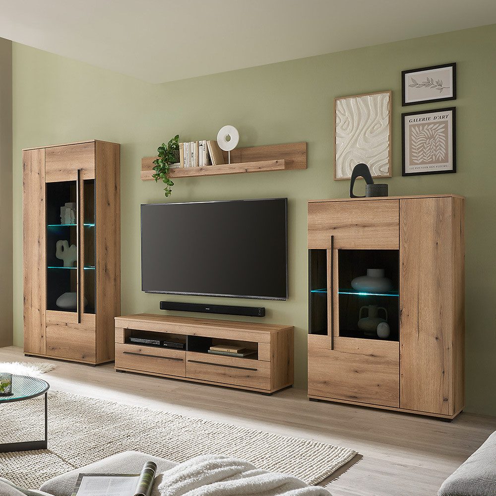 Lomadox Wohnwand COLORADO-61, (Mega-Spar-Set, 4-St., Vitrine Vitrinenschrank Lowboard Wandregal), in Eiche mit LED Glasbodenbeleuchtung und Softclose Schubladen