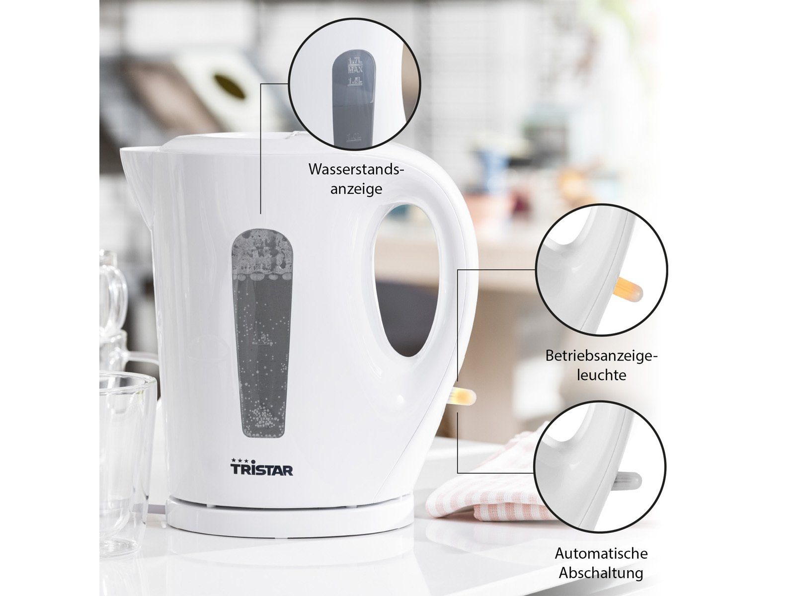 Tristar Wasserkocher, 1.7 l, 2200 W, Großer elektrischer Tee Heißwasserbereiter ohne Kabel schnell, leise