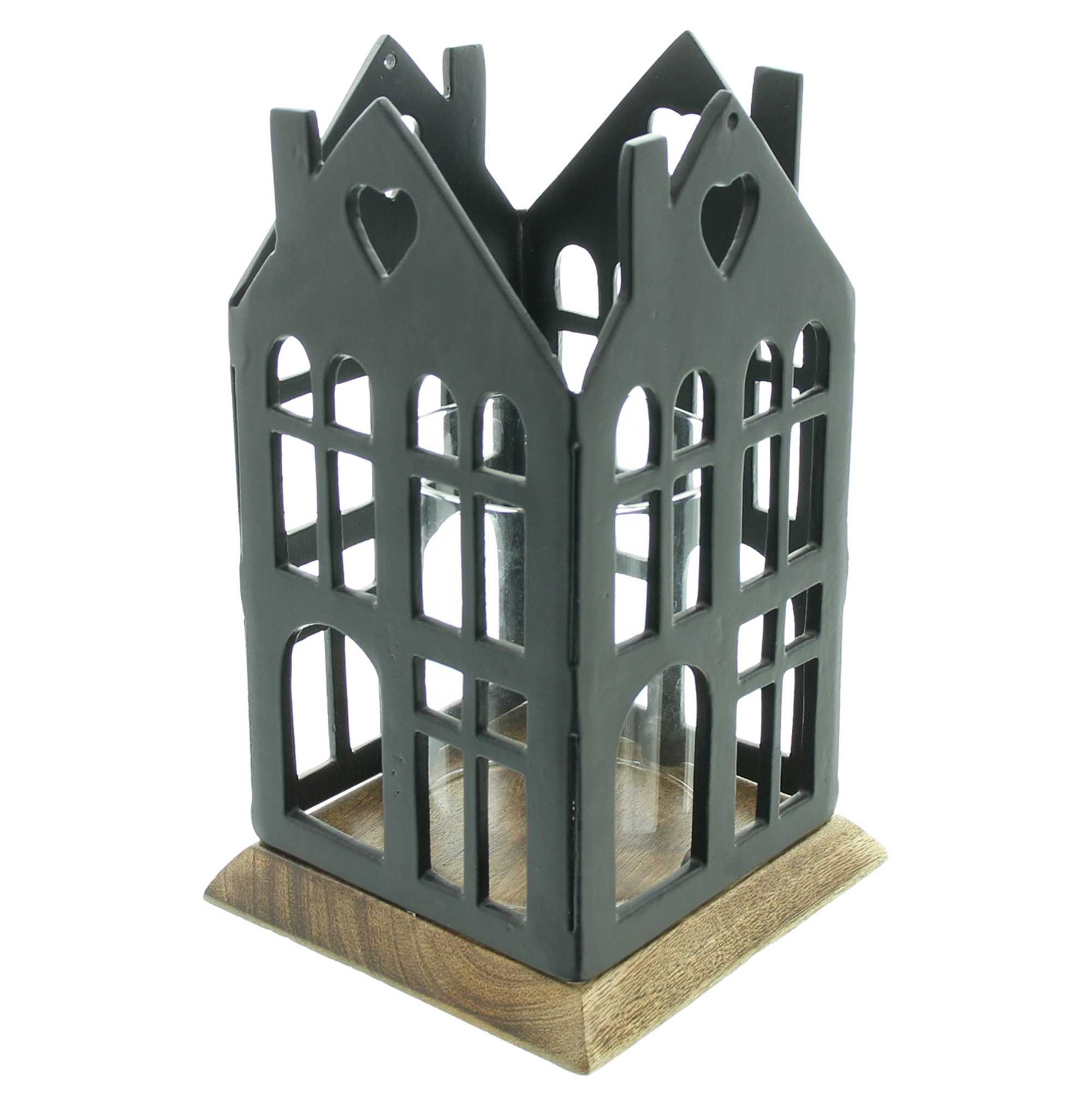 Windlicht "Haus" Metall Kerzenhalter schwarz Sockel aus Mangoholz, Windlichtglas