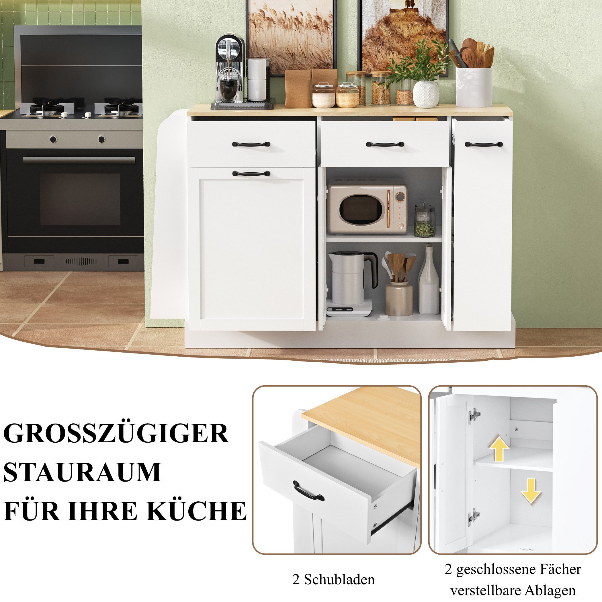 SeedWave Buffet 126cm Anrichte Küche Sideboard mit Ausziehbarem Abfallhälterfach Küchenschrank inkl. Gewürzboard & ausziehbare Regale