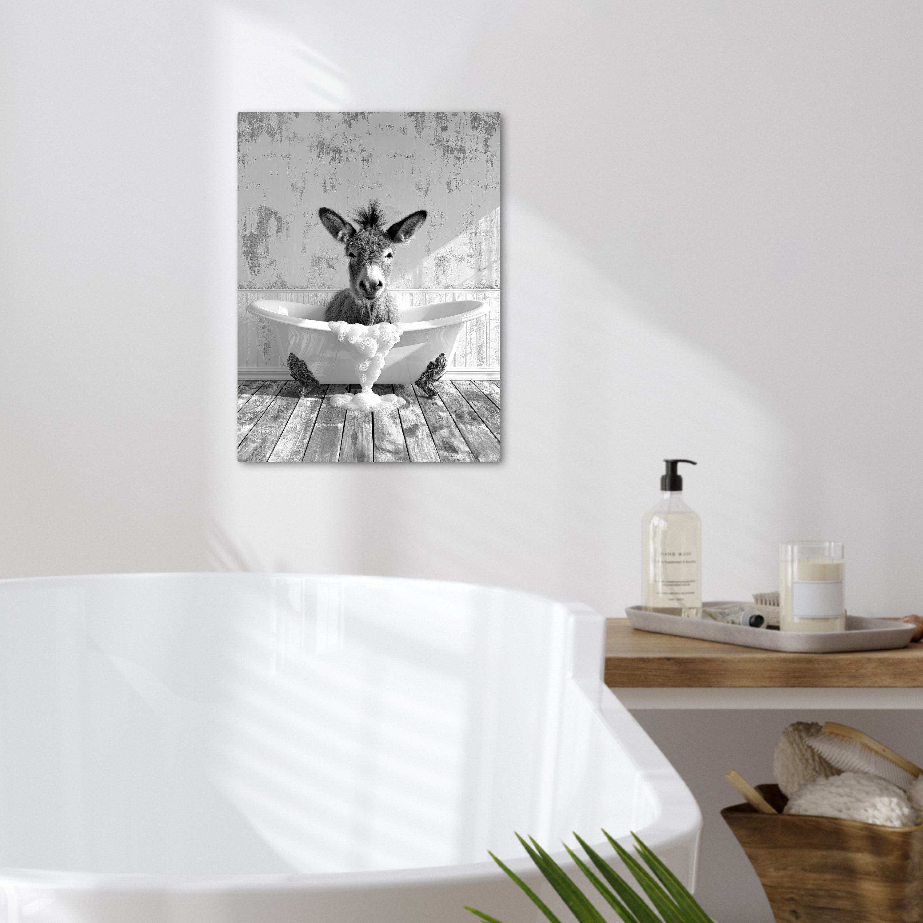 OneMillionCanvasses® Leinwandbild Esel - Tier - Vintage - Badewanne - Schwarz - Weiß, Fotodruck (1 St), Badezimmer Deko, Bilder Bad, Gäste WC Wanddeko 30x40 cm