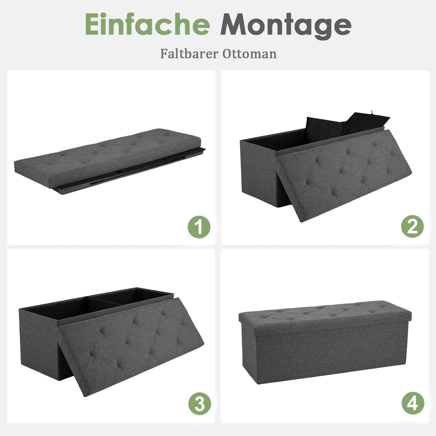 Refined Living Sitzbank Sitzhocker Sitzbank mit Stauraum 76/110 x 38 x 38 klappbare Sitztruhe (Aufbewahrungsbox Ottomane bis 290 kg Aus MDF-Platte und Leinensto – Bild 5 von 5