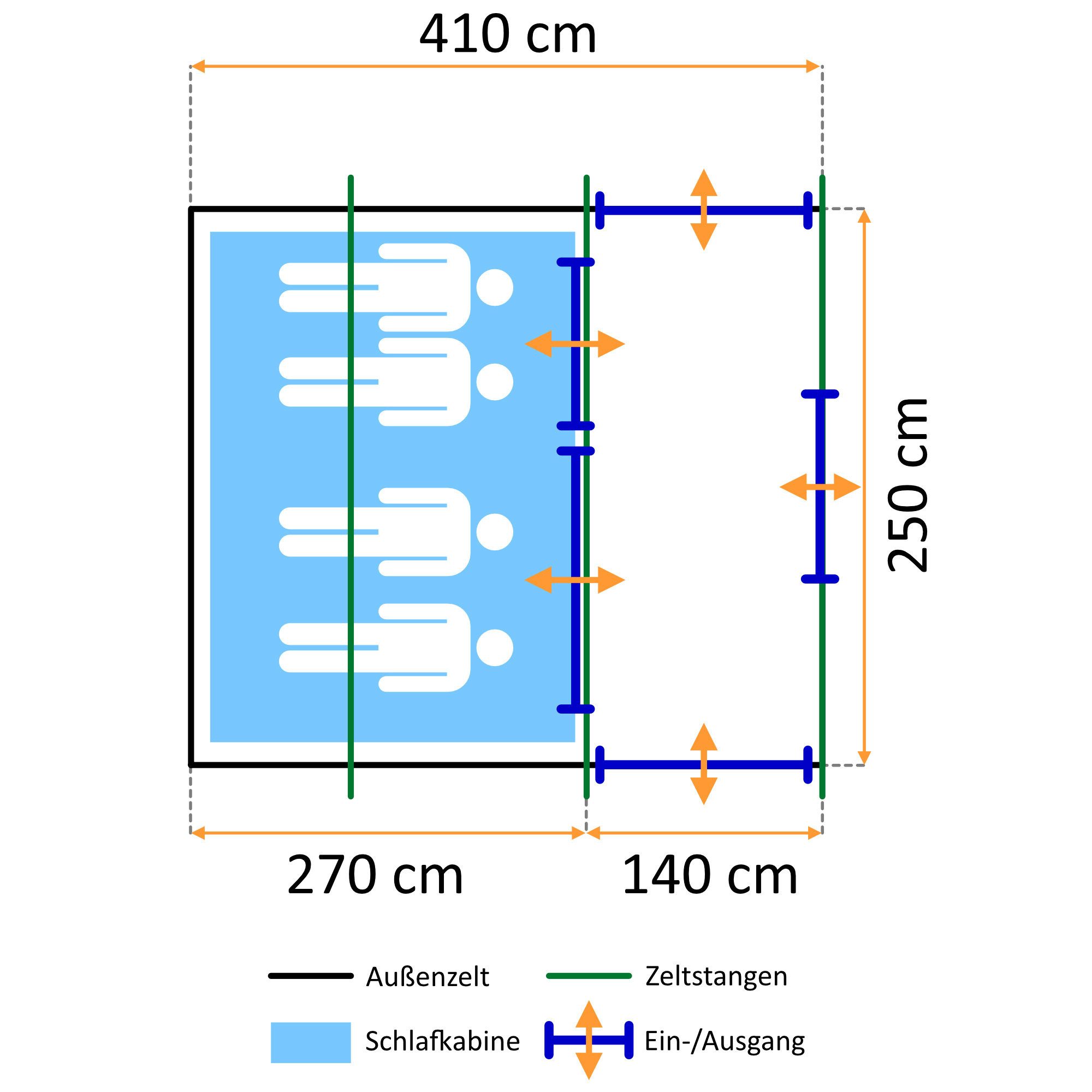 CampFeuer Tunnelzelt Zelt Smart für 4 Personen Blau/Grau, Tunnelzelt mit 3 Eingängen 2000 m, Personen: 4
