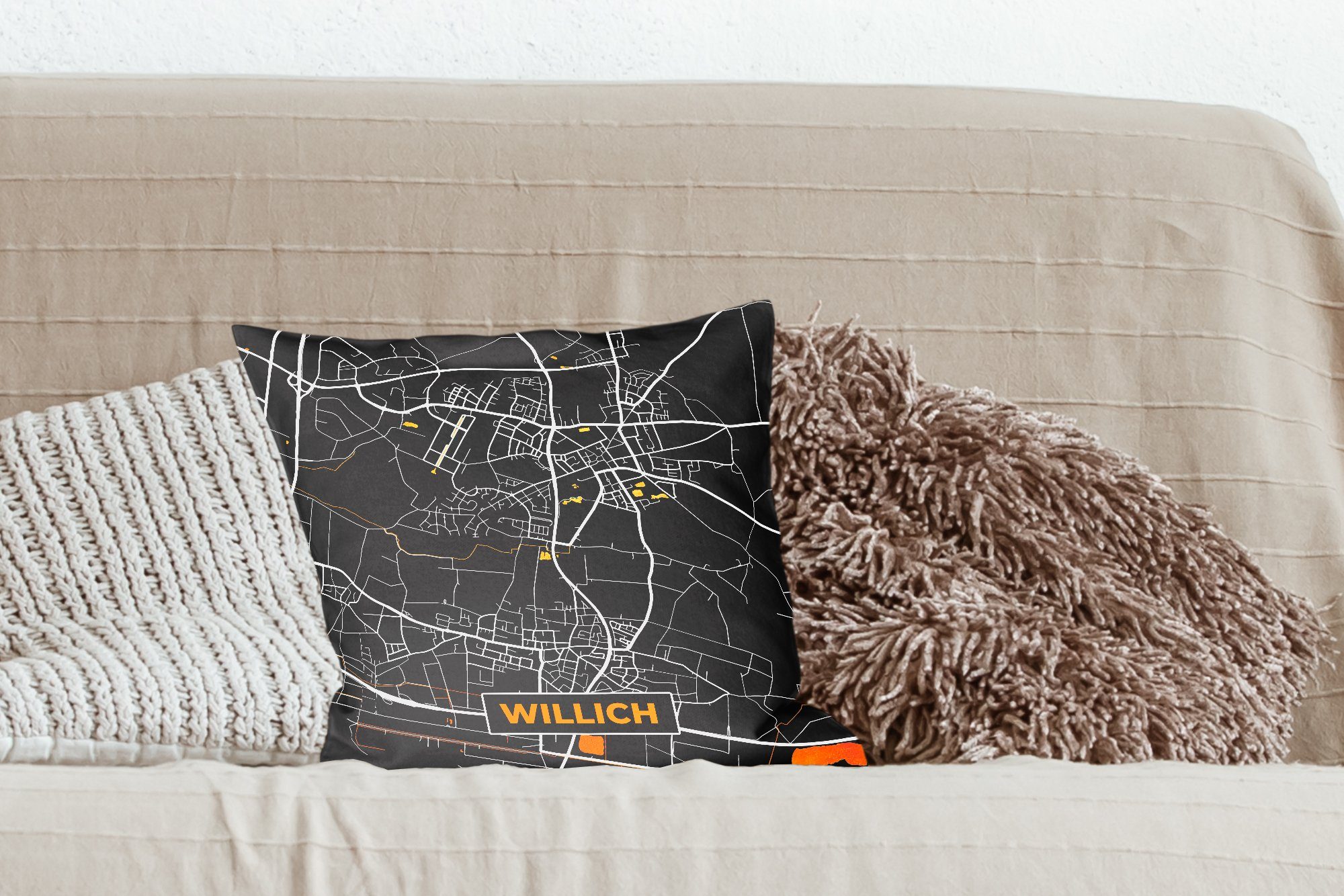 Wohzimmer, Füllung Schwarz mit - Gold Schlafzimmer, und Dekokissen - für Zierkissen Willich Stadtplan Deutschland Karte, MuchoWow - Sofakissen Deko, -