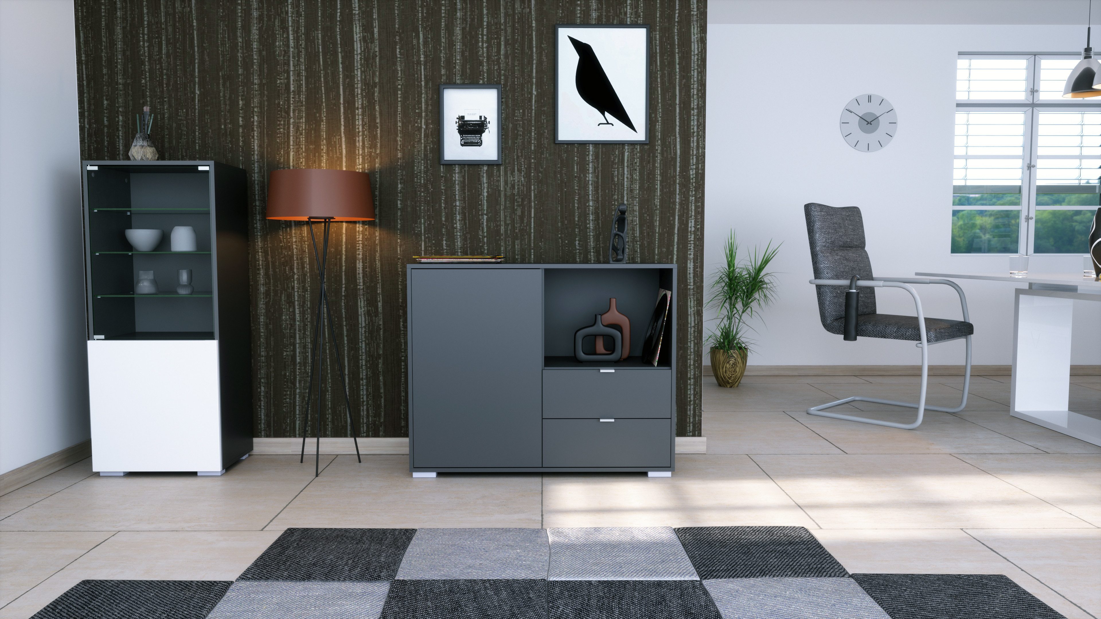 Vladon Kommode Milano (Kommode mit 1 Tür Anthrazit matt, 2 Schubladen Anthrazit matt, Made in Germany), Korpus Anthrazit matt (103 x 83 x 37 cm)