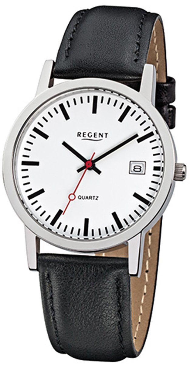 Regent Quarzuhr Regent Damen Herren-Armbanduhr schwarz, (Analoguhr), Damen, Herren Armbanduhr rund, mittel (ca. 34mm), Lederarmband