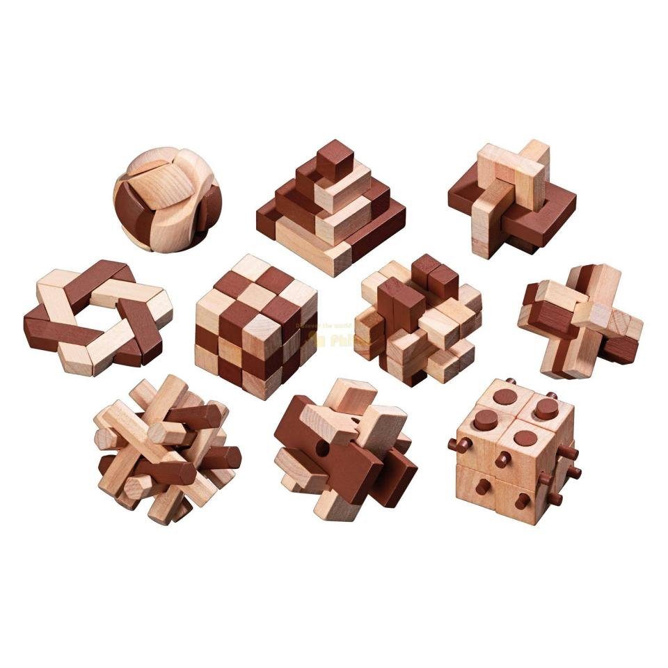 Philos Spiel, Holzpuzzle-Sortiment - 10 Puzzle - Denkspiel - Knobelspiel - Geduldspiel