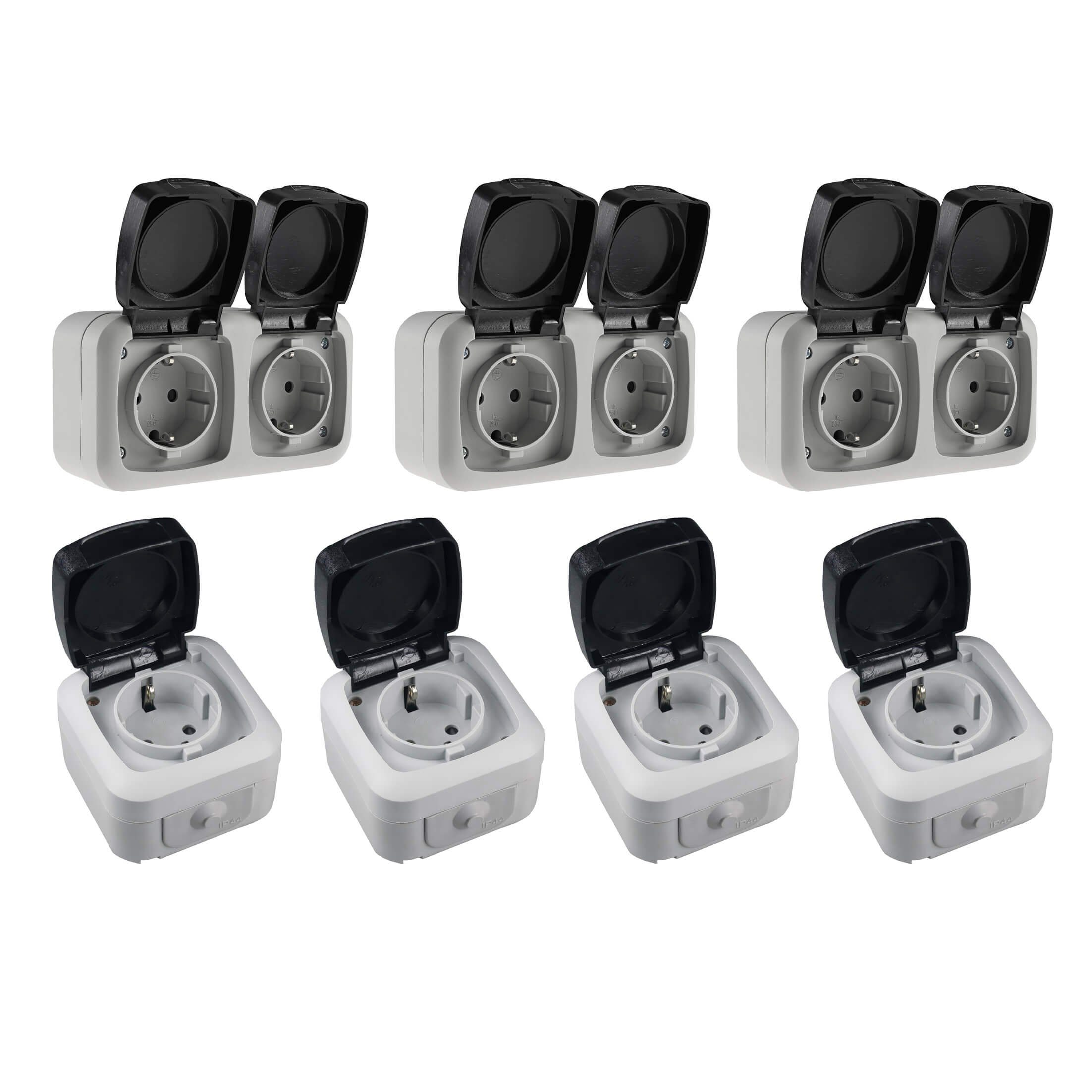 Aufputz-Steckdose Feuchtraum Steckdosen Set 7 teilig IP44 Doppelsteckdose Aufputz grau
