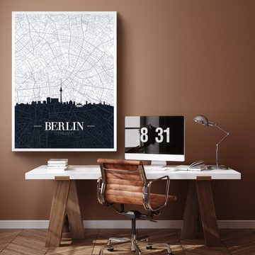 wandmotiv24 Leinwandbild Stadt Karte, Hochformat, Berlin, Deutschland, Hauptstadt, BLN, Skyline, Weltkarten (1 St), Wandbild, Wanddeko, Leinwandbilder in versch. Größen