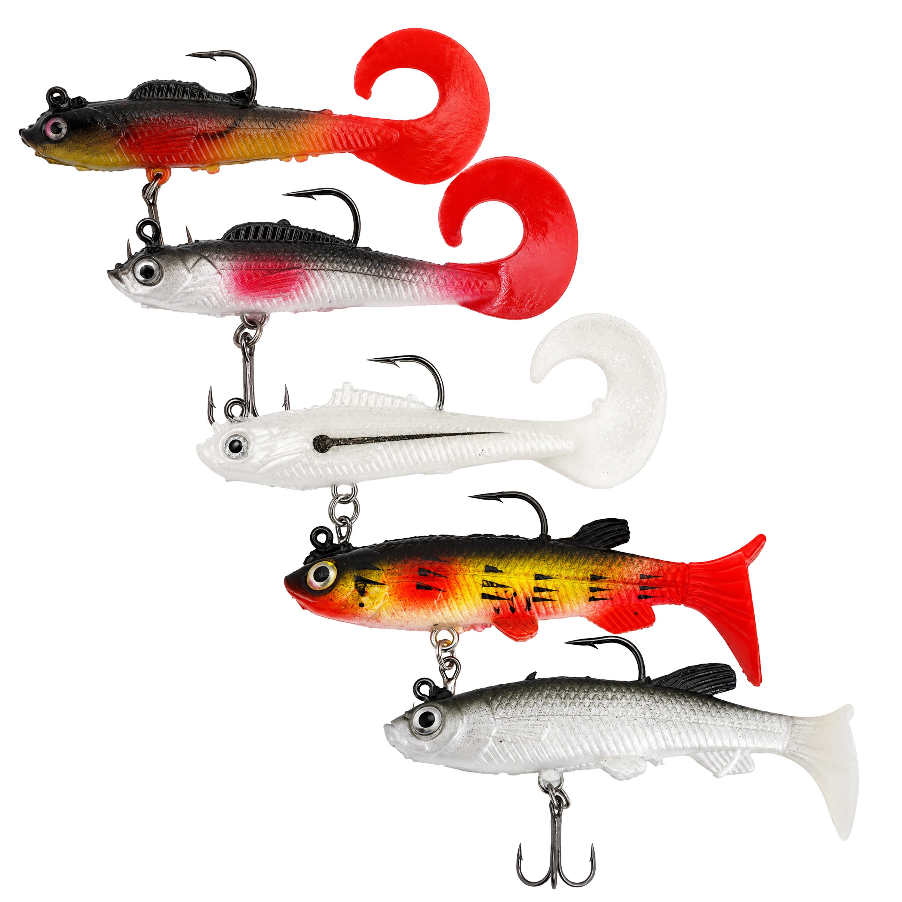 Fish-XPro Kunstköder Hybrid Hechtköder-Set - 5 Stück, (Set, 5-St. 5-teiliges Set), Integrierter Jigkopf, vormontierter Haken, praktische Tacklebox