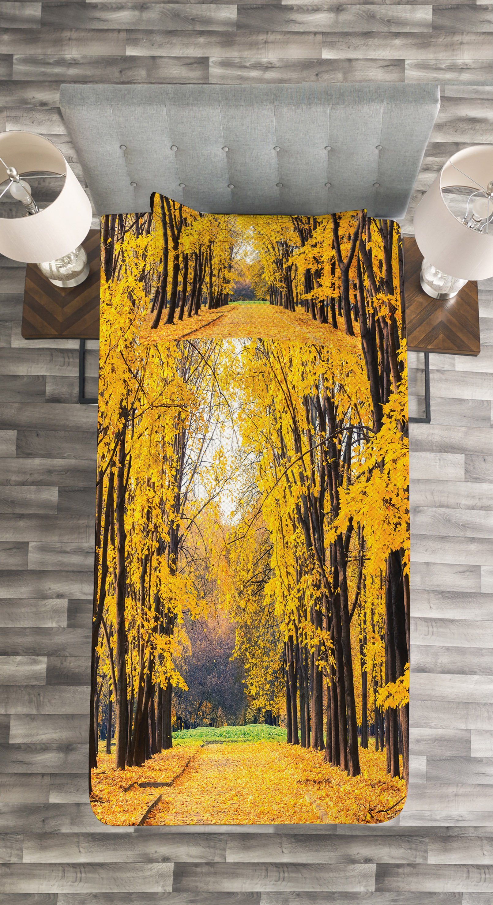 Tagesdecke Set mit Kissenbezügen Waschbar, Blätter Abakuhaus, Natur Bäume im Herbst
