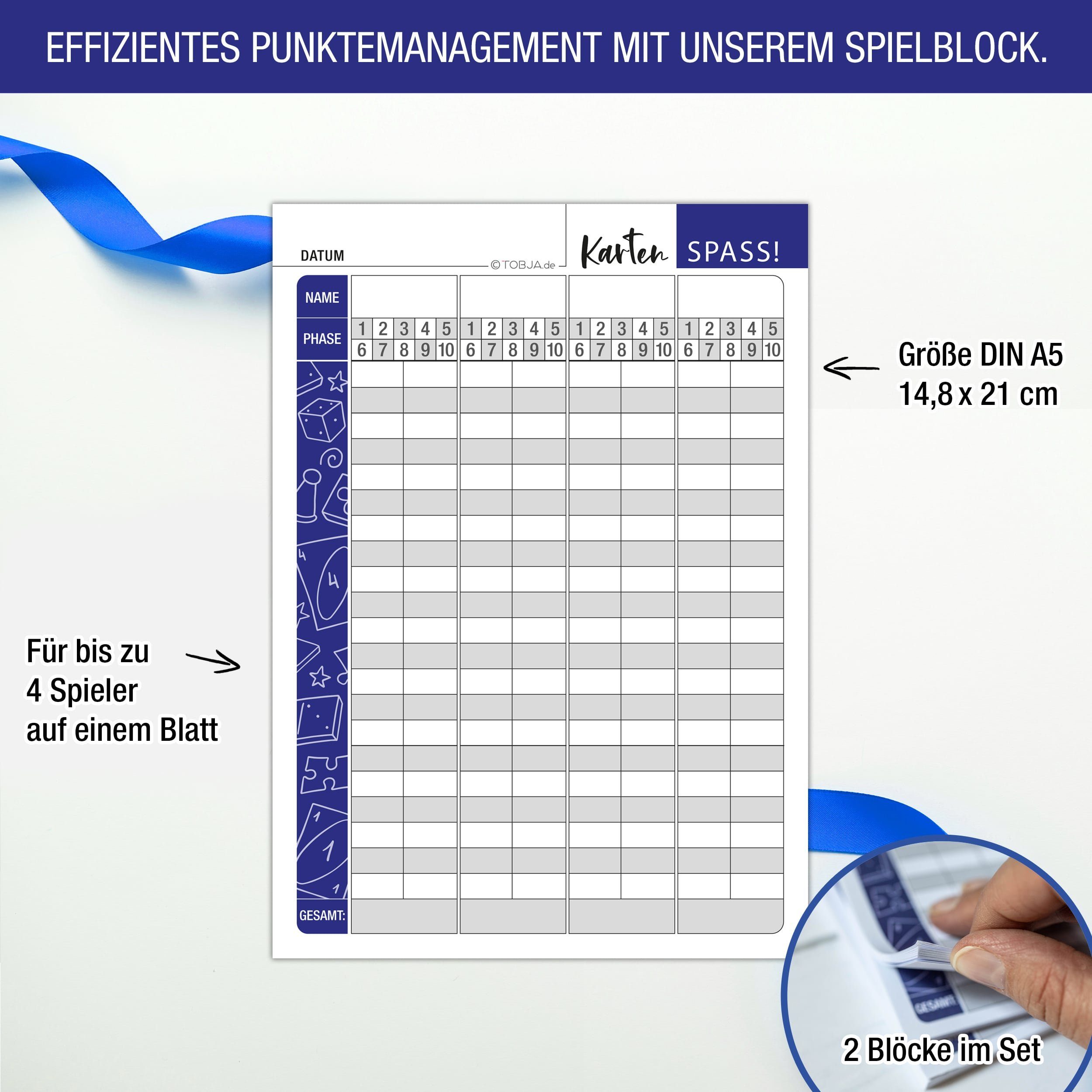 TOBJA Spiel Phase X A5 2x Block 25 Blatt, Kartenspiel, Wertungsblock, kompatibel mit Phase 10 in A5
