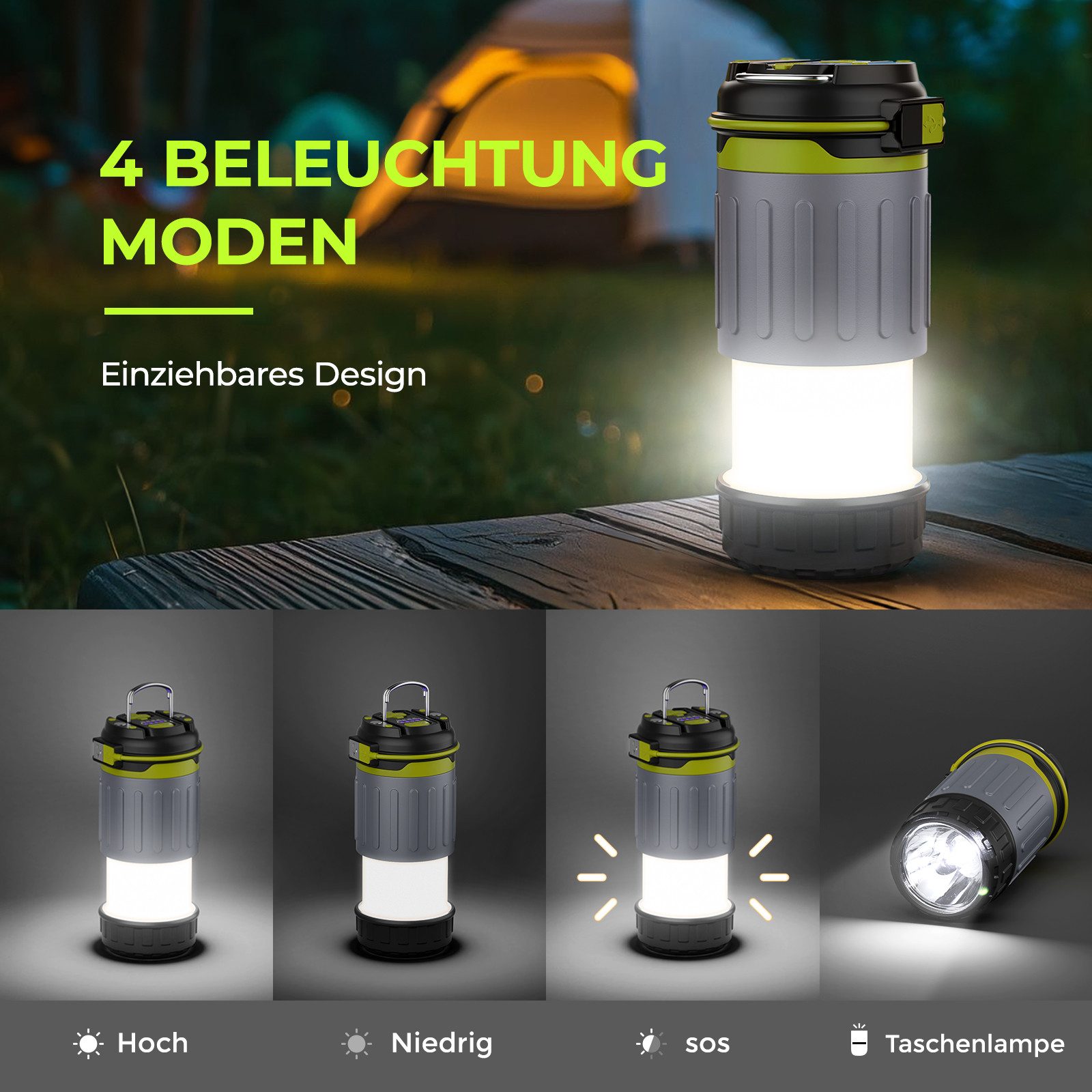 Quntis LED Taschenlampe Campinglampe, Faltbare Camping Laterne, Tragbare Taschenlampe, IPX4 (Set, 1-St), Zelt Lampe für Stromausfällen, Wandern, Notfall, Ausfälle usw