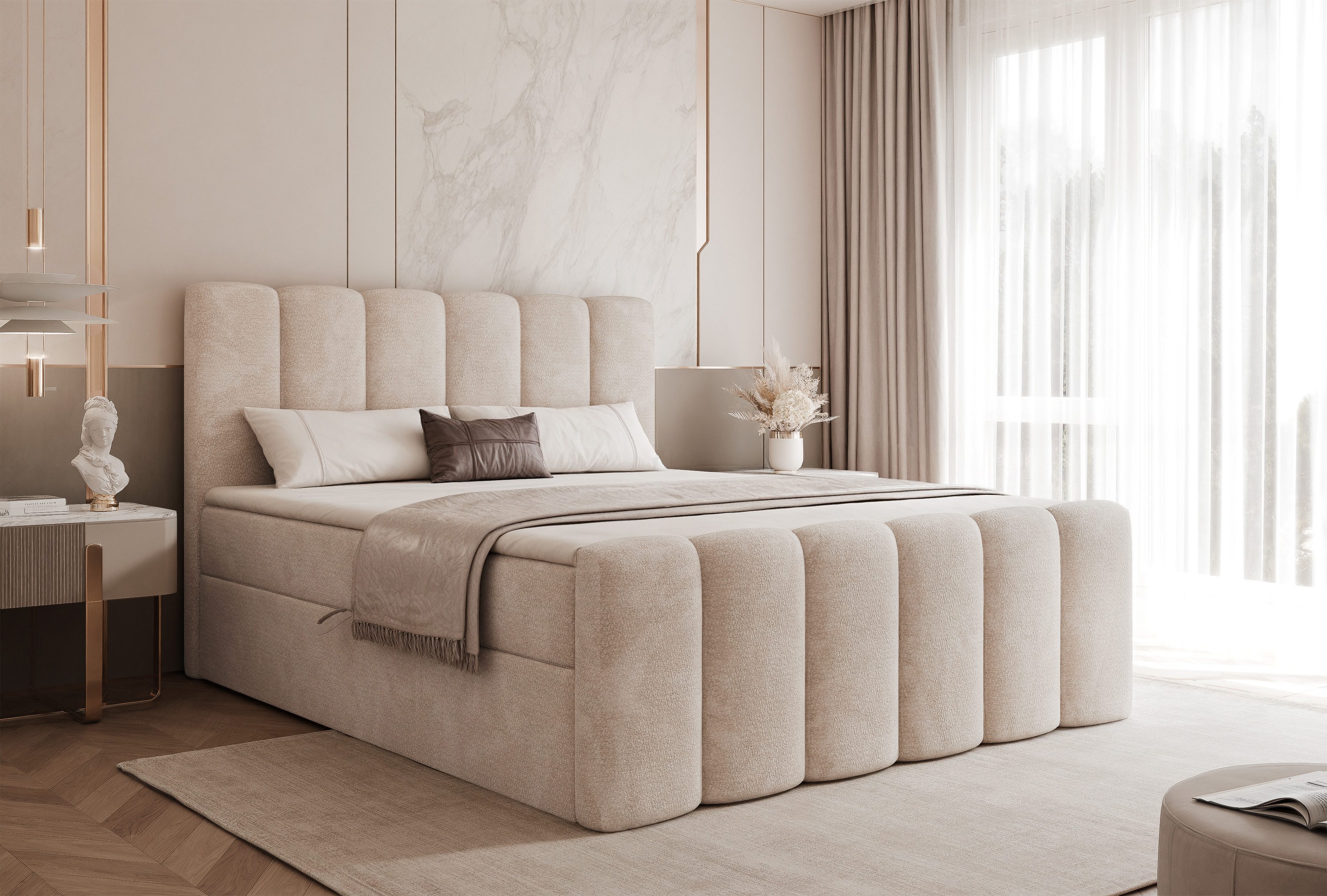 Goldstoff Boxspringbett Elegantes Bett "ETERNA" mit Stauraum & hohem Schlafkomfort (120–200x200 cm, Seitenhöhe: 54 cm), Pocket Premium Taschenfederkernmatratze H3 272 Taschenfedern