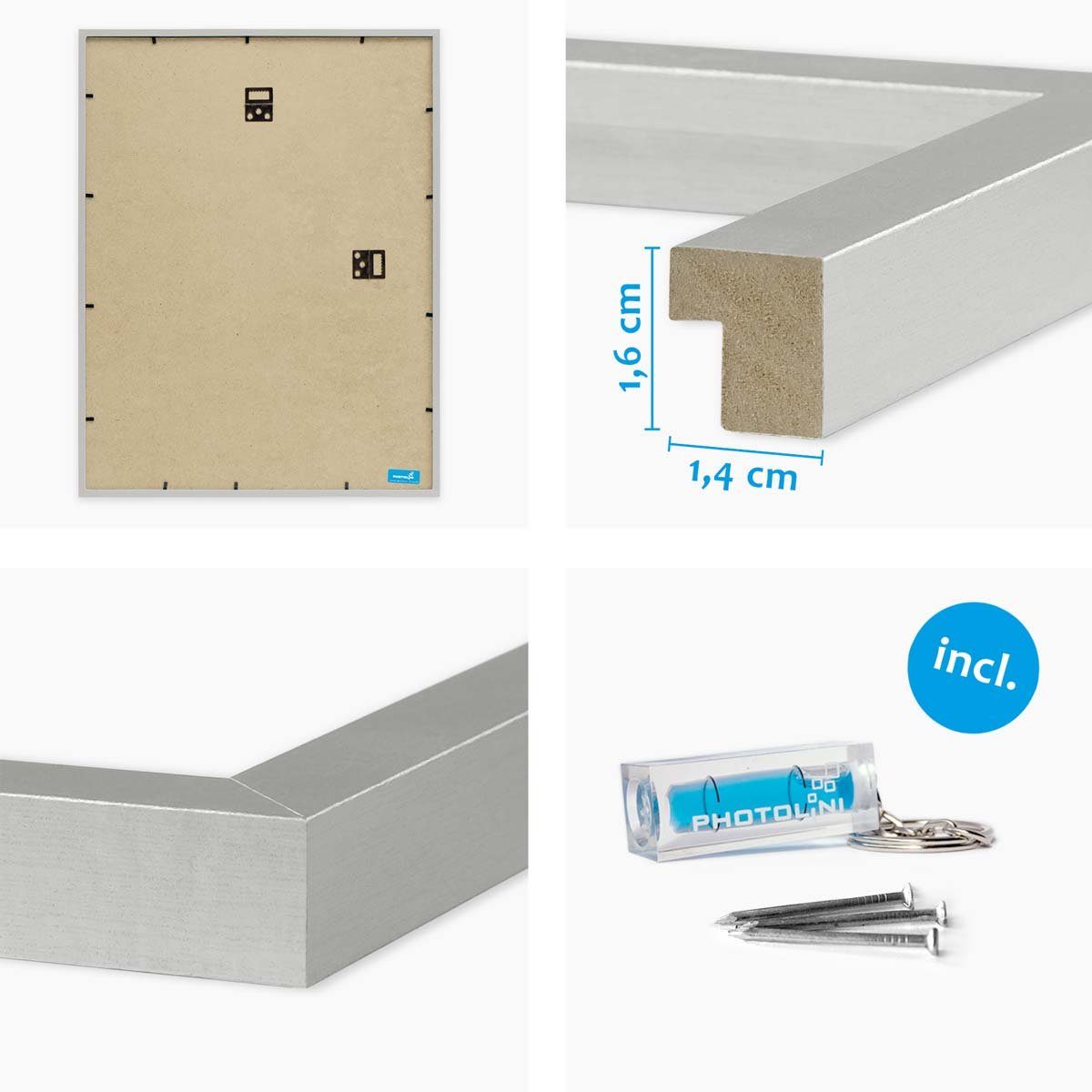 Zubehör MDF-Holz, 2er stabiles cm, extra Silber PHOTOLINI mit 50x70 Acrylglas, Set Bilderrahmen