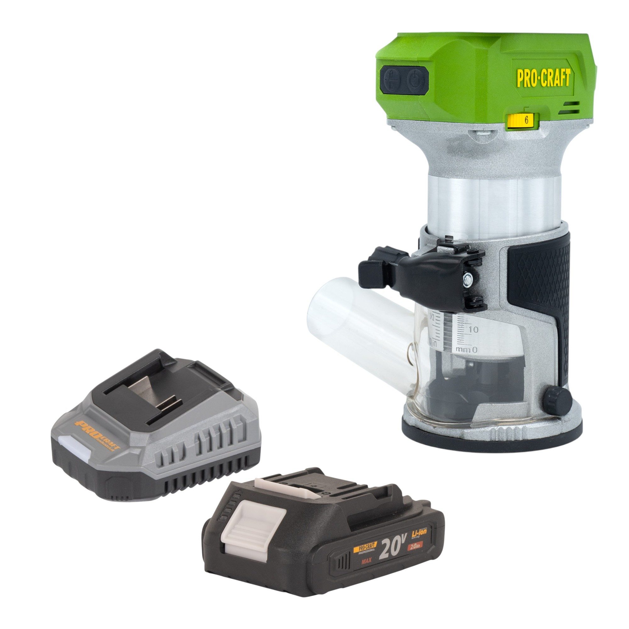 PRO CRAFT Oberfräse POB24bb 20 V 6 / 8 mm Brushless + 1x Akku 2,0 Ah + Ladegerät
