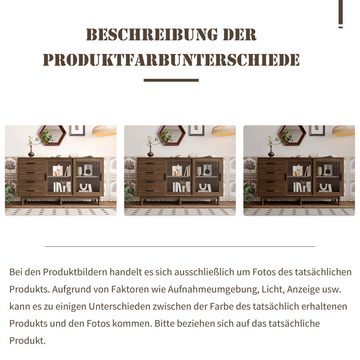 IDEASY Sideboard Sideboard, Eckschrank, Vitrine, vertikal gestreifte Glastür, (4 Schubladen, 2 Glastüren, 140*40*75,8 cm, verstellbare Einlegeböden), Schiebetür, einfach zu montieren