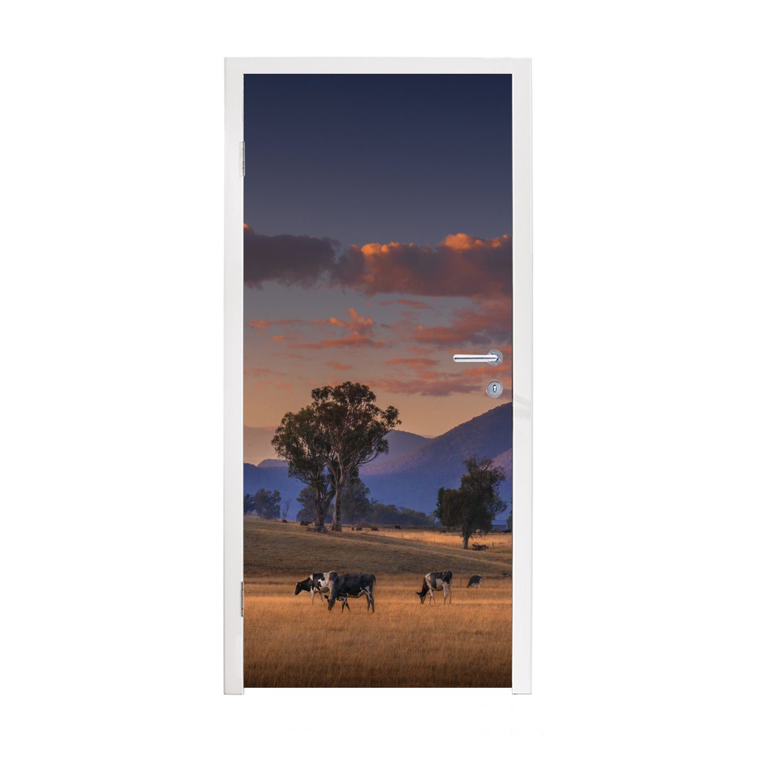 MuchoWow Türtapete Baum - Berg - Kuh, Matt, bedruckt, (1 St), Fototapete für Tür, Türaufkleber, 75x205 cm