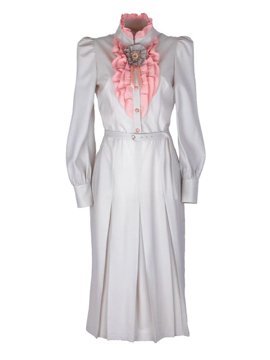 RUA & RUA Midikleid Kleid aus Wolle mit Rüschen und Brosche In Grau