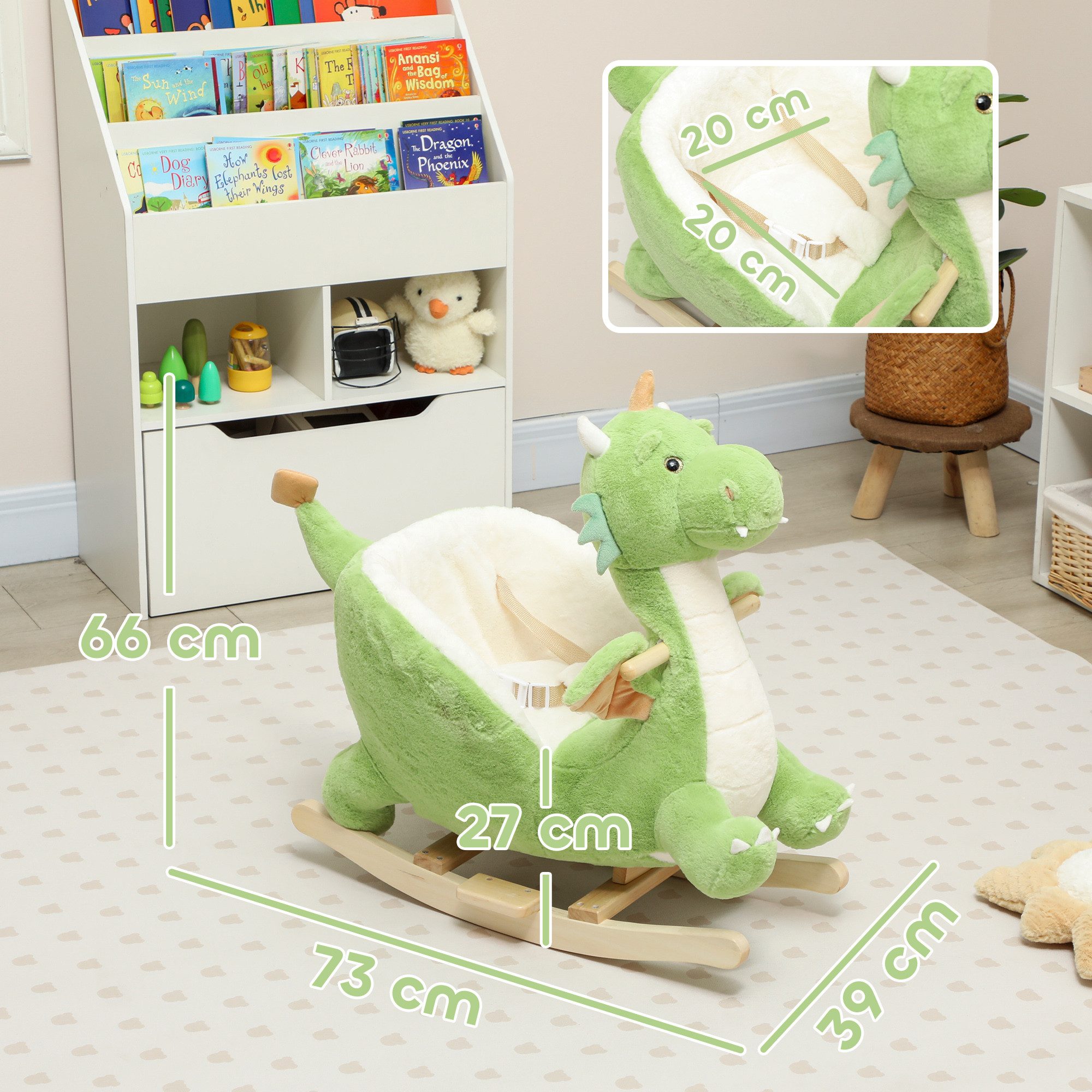 AIYAPLAY Schaukeltier Dinosaurier-Schaukel, interaktive Tiergeräusche, Holzrahmen, Plüsch, (1 tlg), für Kinder 1,5-3 Jahre, max. 25 kg, Grün