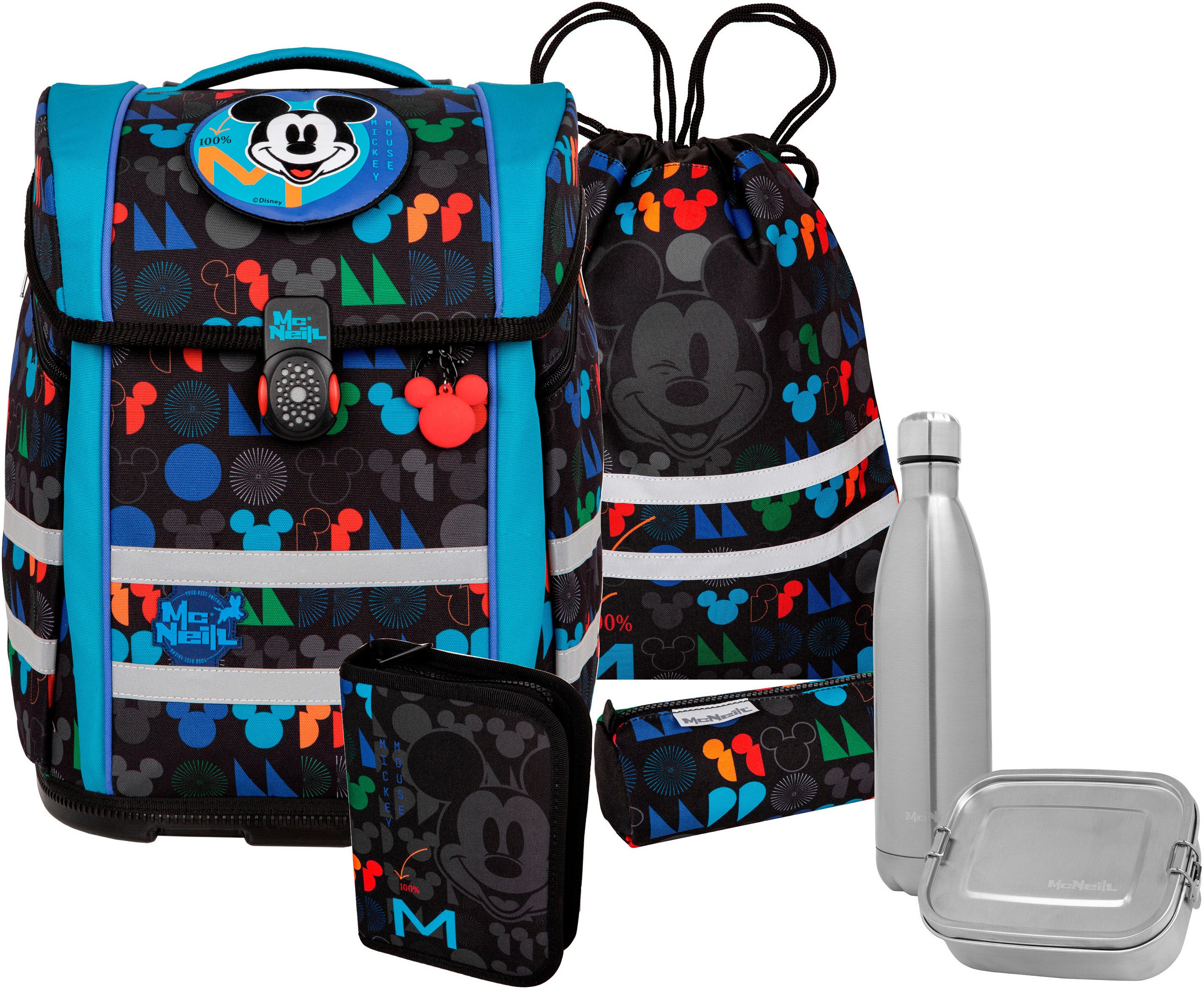 McNeill Schulranzen Perfecto, Disney, Mickey Mouse (Set, 5-tlg), inkl. Federmäppchen, Turnbeutel, Schlamperrolle & Motivmagnet