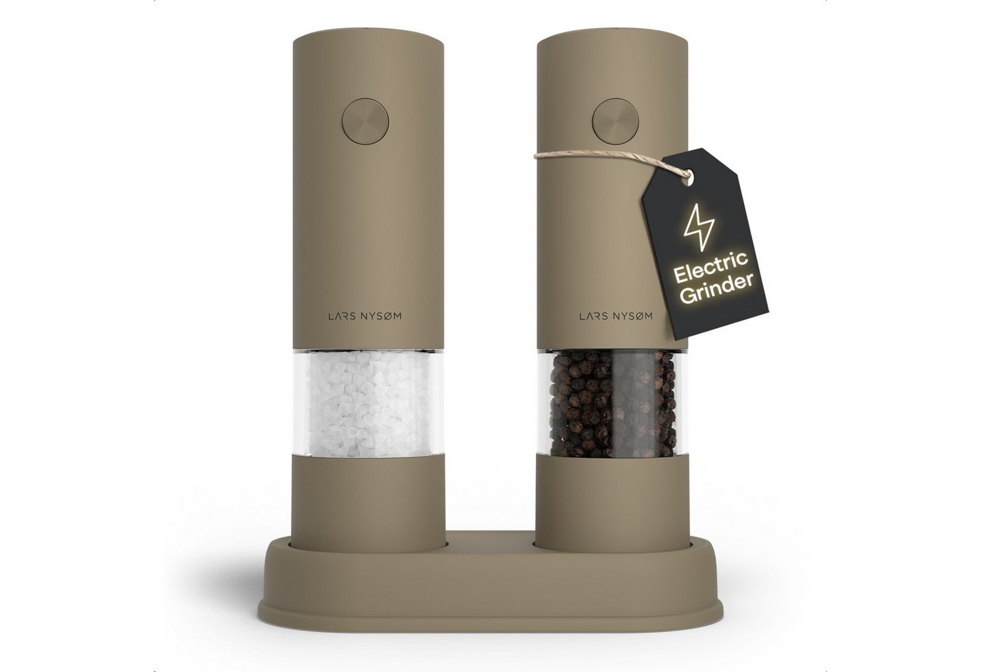 LARS NYSØM Gewürzmühle Kryd praktische Einhandbedienung per Drucktaste, (2 Stück), elektrische Salz- & Pfeffermühle mit Ständer
