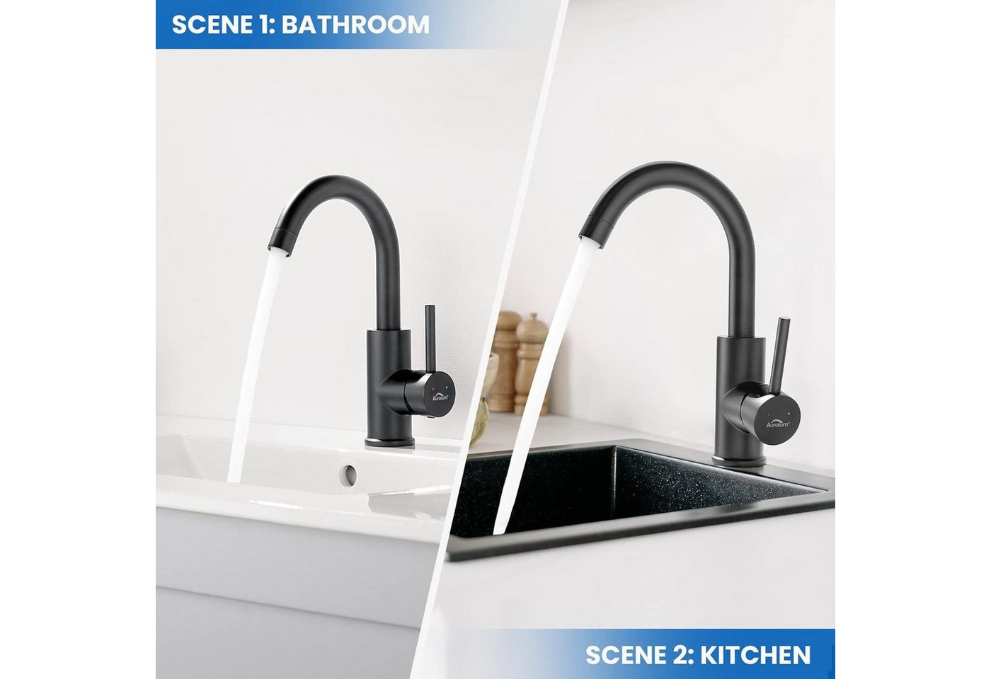 Thumbnail - LuxusKollektion Waschtischarmatur Schwarze Waschtischarmatur matt 360 Grad drehbar Badezimmer Wasserhahn