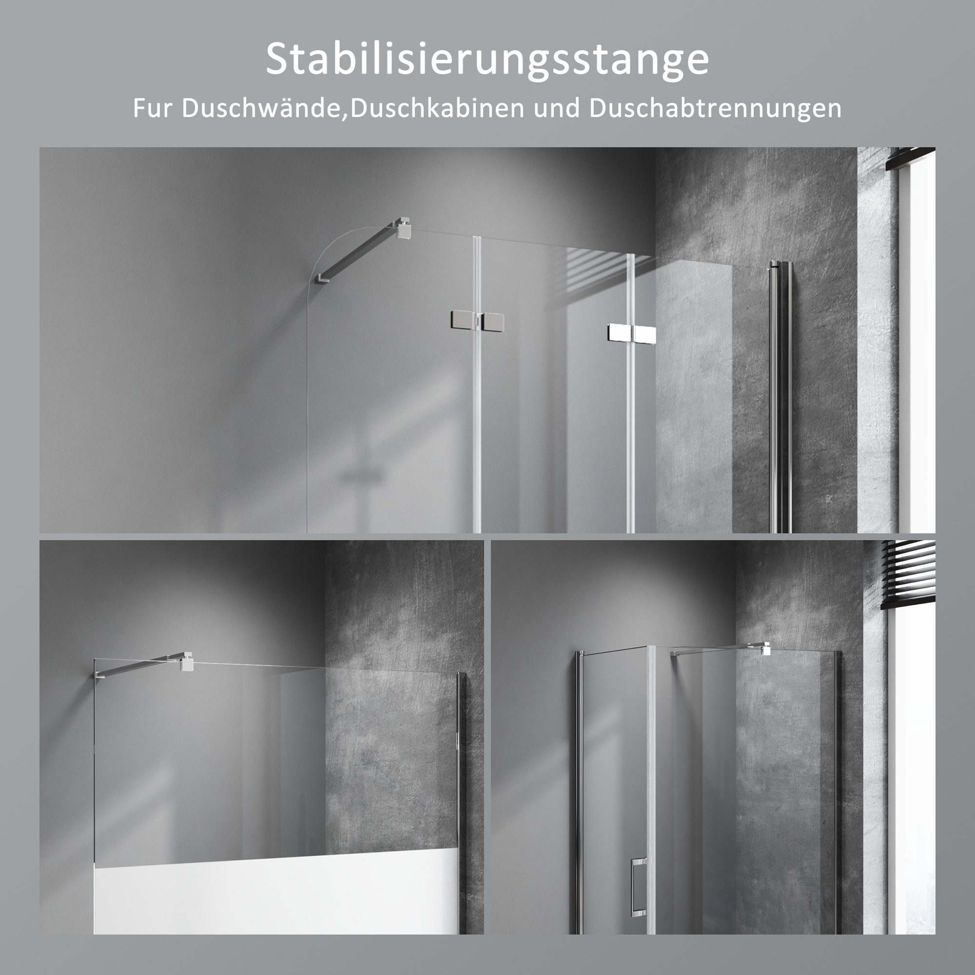 Boromal Duschwand-Stabilisationsstange Dusche Schwarz Chrom für 5-10mm Haltestange Duschwand 73-123cm, (Stabilisator 360° Drehbar, Rechteckig), für Walk In Duschwand Duschabtrennung Duschkabinen