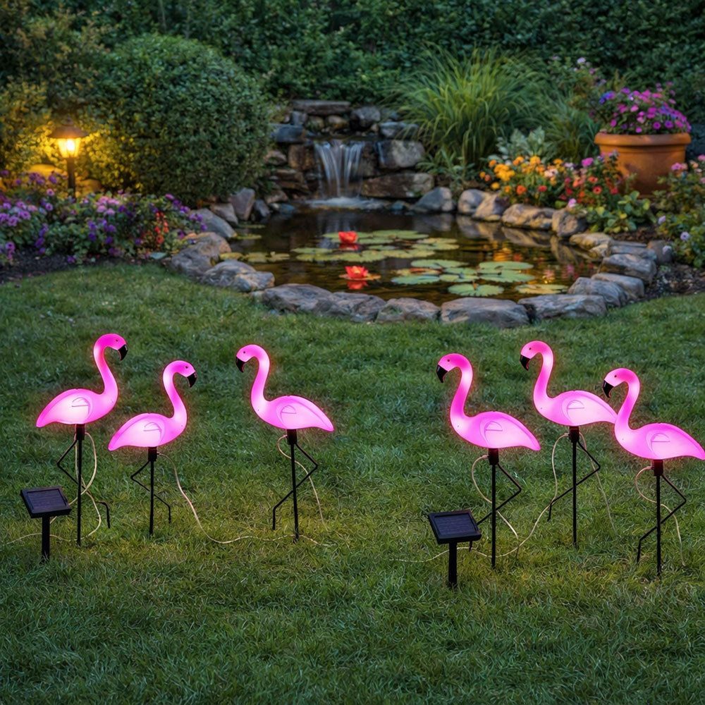 Haushalt International LED Solarleuchte, LED-Leuchtmittel fest verbaut, Warmweiß, 6x Solar Steckleuchte Gartenfigur LED Deko Flamingo