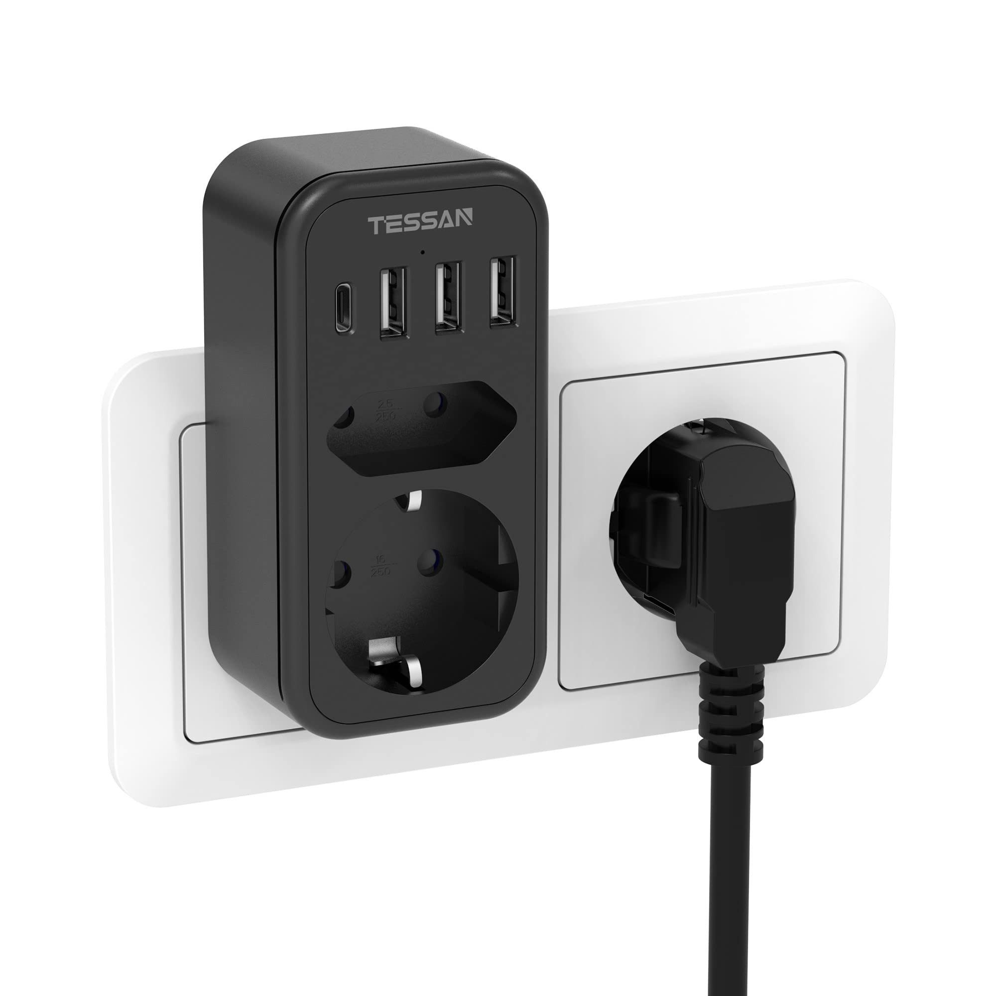 TESSAN 2fach Steckdosenadapter 3600W, Doppelstecker für Steckdose mit 4 USB Mehrfachsteckdose 2-fach (3600W Mehrfachstecker, USB-Anschlusse)