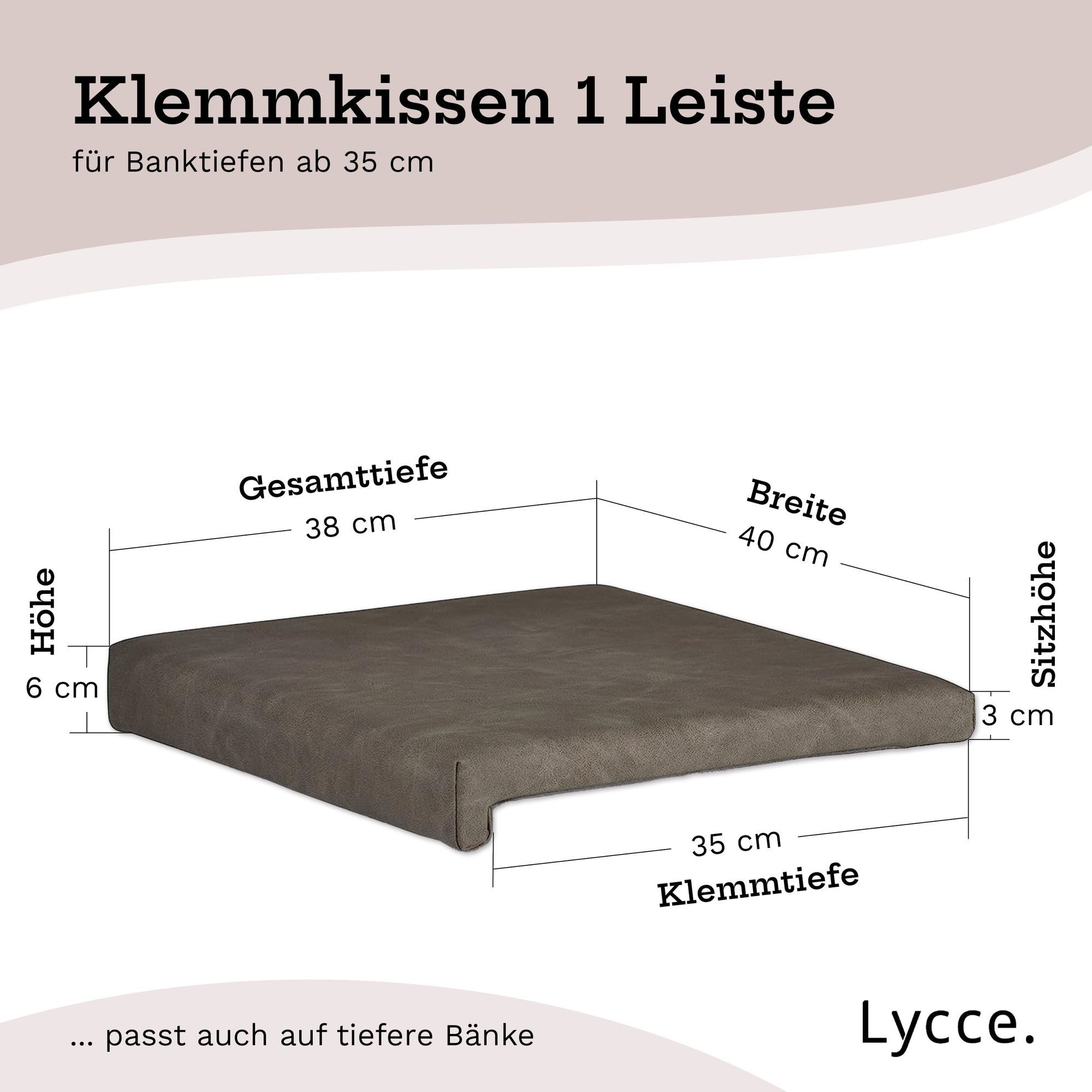 Lycce Bankauflage Sitzkissen Klemmkissen mit 1 Leiste, 35cm Klemmtiefe, Kunstleder, (1 St), weich gepolstert, verrutscht nicht, made in germany