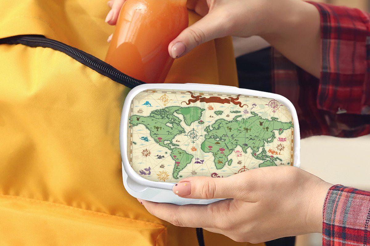 MuchoWow Lunchbox Weltkarte - Kinder - - für für Vintage - Brotbox (2-tlg), Kinder, Kunststoff, weiß - Piraten Mädchen Jungs und - Brotdose, Jungen Mädchen und Erwachsene, Kinder