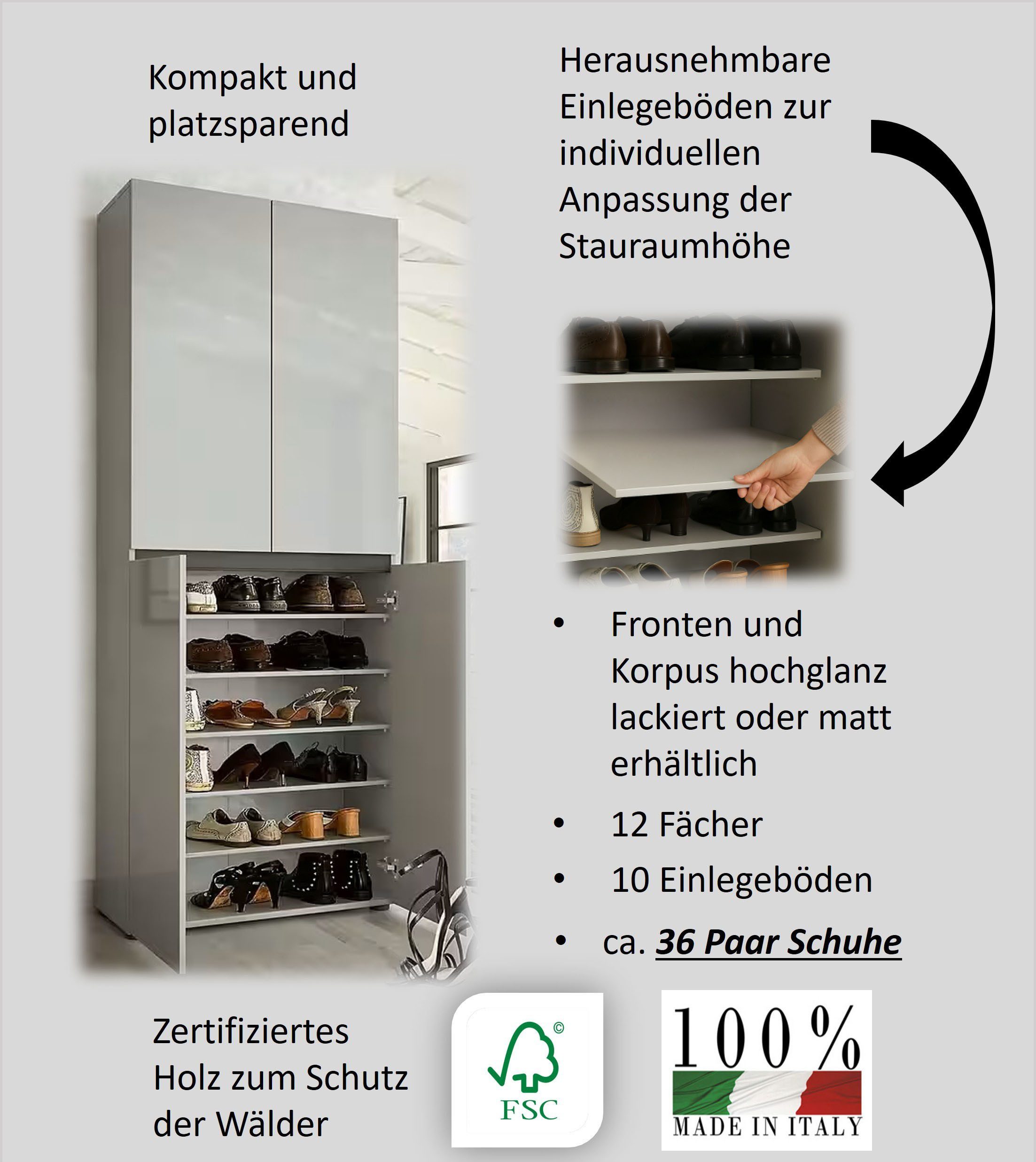 Home affaire Schuhschrank MISTER- Schuhregal, Made in Italy, 12 Fächer, 10 Einlegeböden Hochglanz lackiert,Breite 80 cm, Höhe 200 cm, 4 Türen, wendbare Blende