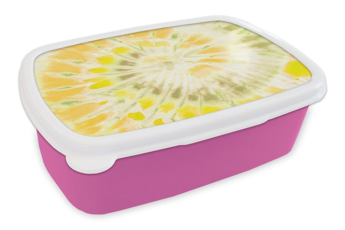 MuchoWow Lunchbox Sommer - Tie Dye - Gelb - Grün, Kunststoff, (2-tlg), Brotbox für Erwachsene, Brotdose Kinder, Snackbox, Mädchen, Kunststoff rosa