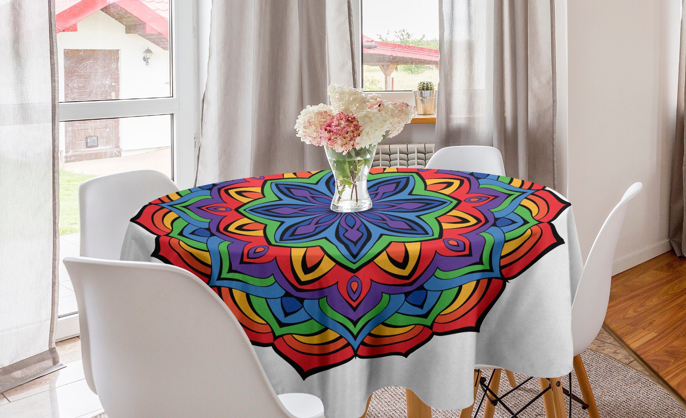 Abakuhaus Tischdecke Kreis Tischdecke Abdeckung für Esszimmer Küche Dekoration, Regenbogen-Mandala Thriving Frühling