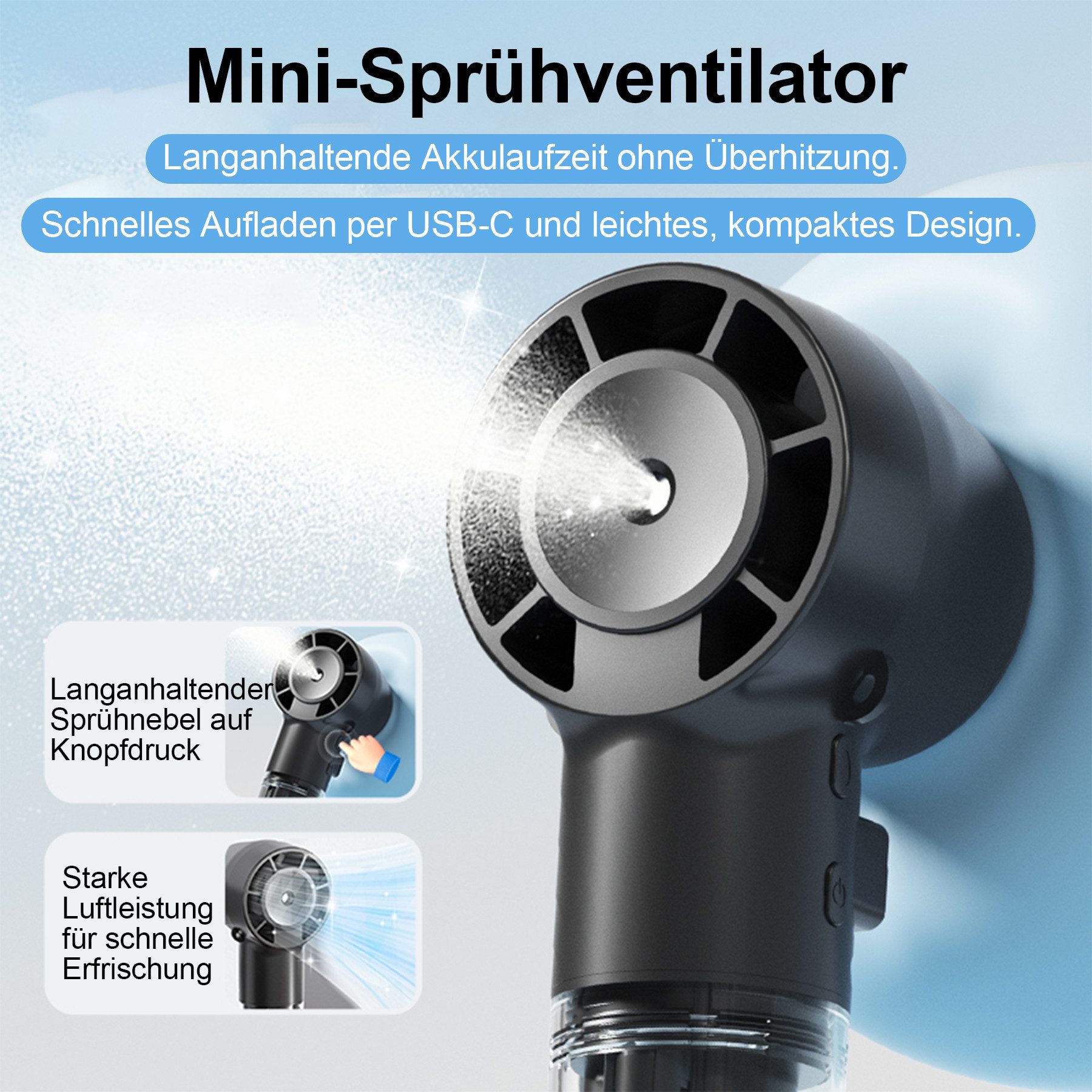 Senmudi Mini USB-Ventilator Handventilator Tragbar,Mini Ventilator,Mini Tischventilator 1200MAH, 4 Geschwindigkeiten mit Wassernebel,für Reisen,Büro,Draußen, Zuhause