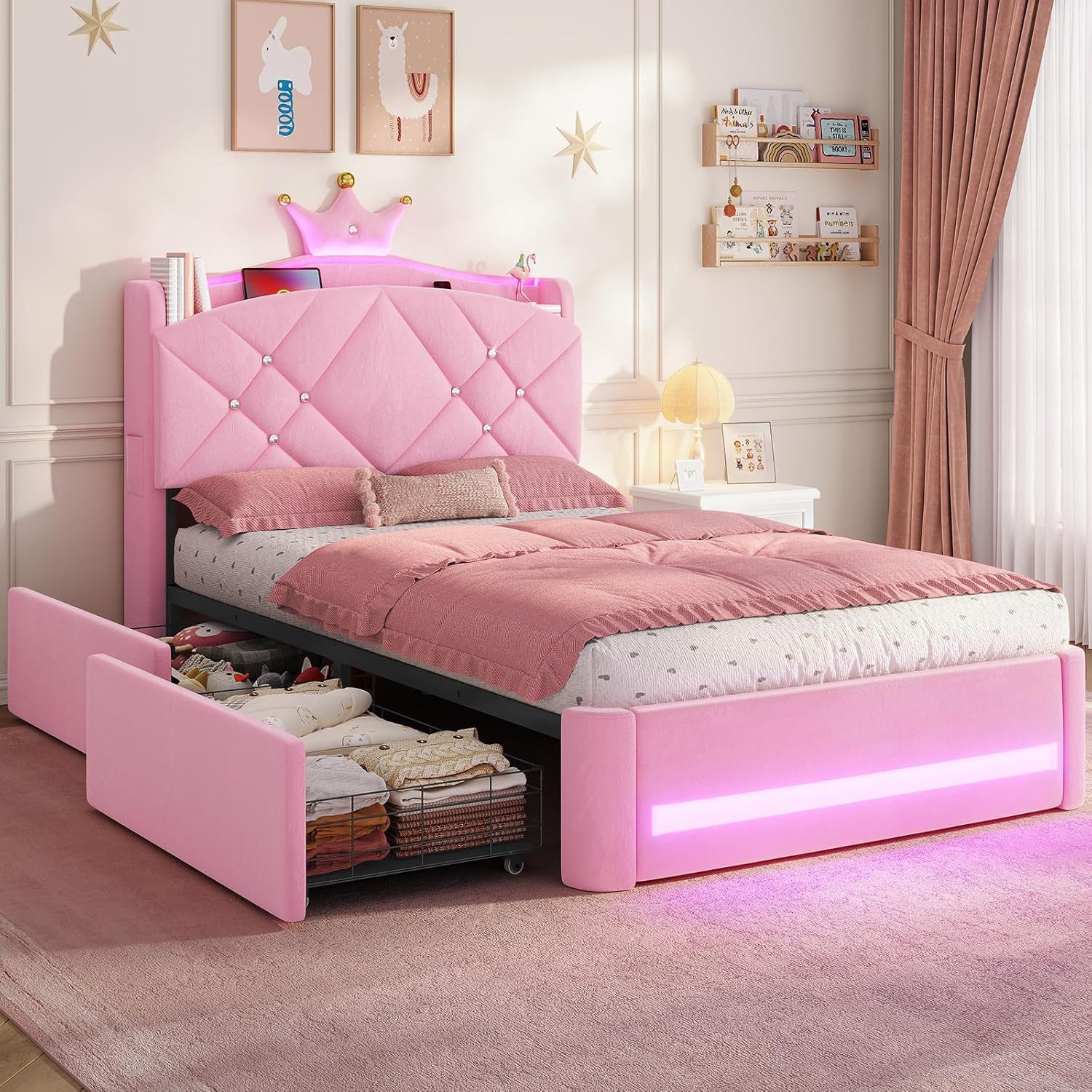 MSMASK Kinderbett im Kronen-Design mit LED-Beleuchtung, Ladestation und 2 Schubladen (Ohne Matratze), Polsterbett Jugendbett Prinzessinnenbett 90 x 200cm