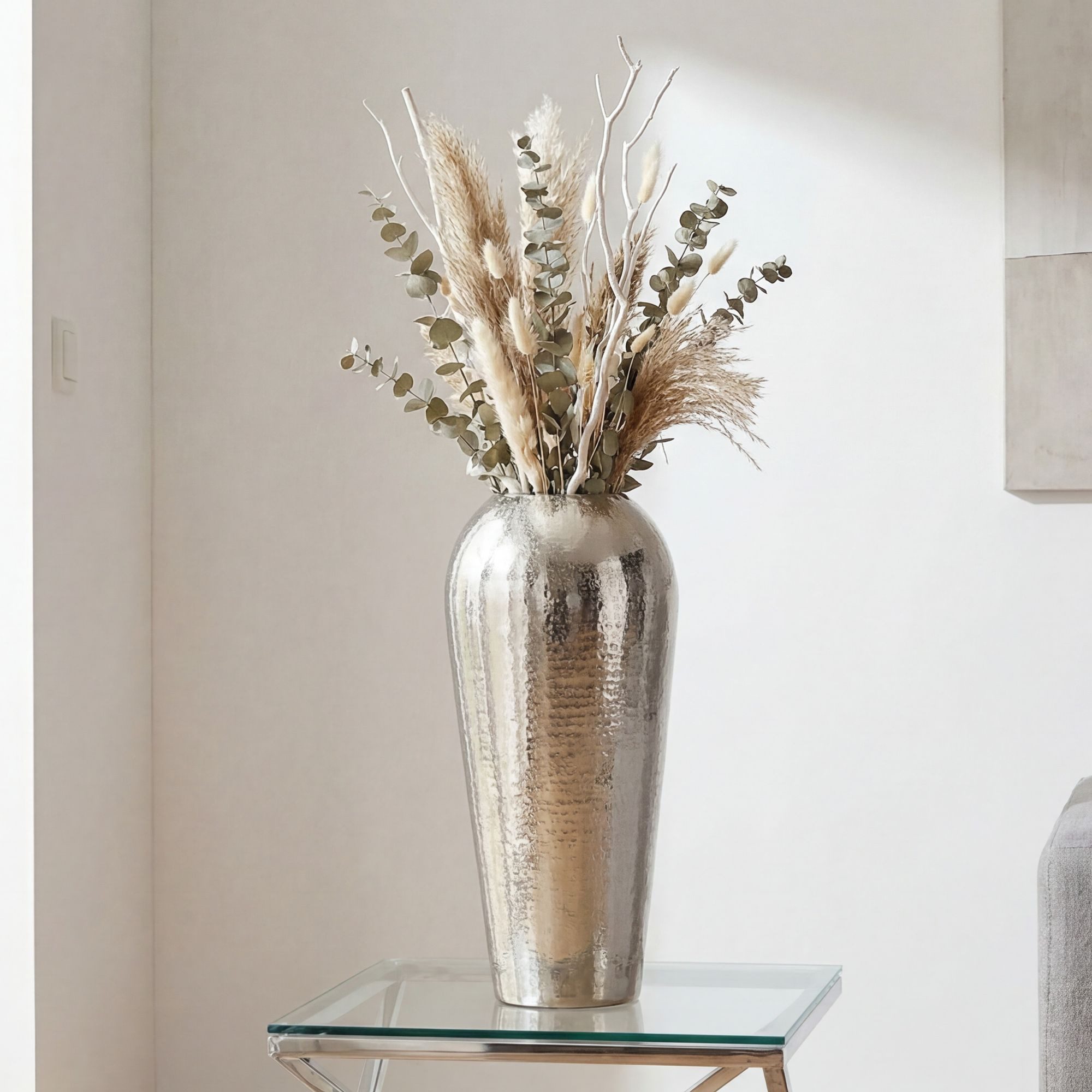 FINEBUY Dekovase FB76594 Vase 50 cm Aluminium Silber Blumenvase Wohndeko Groß Rund (Elegante Metallvase mit strukturierter Oberfläche), Komplett aus robustem Aluminium gefertigt
